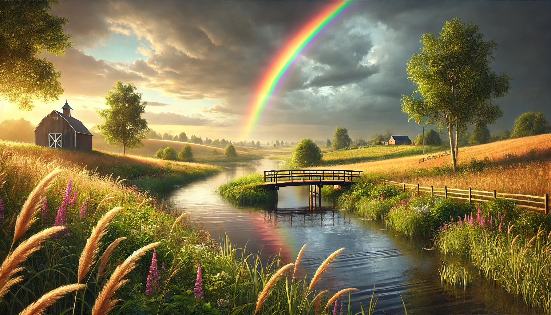 A panoramic landscape with a vibrant rainbow spanning the sky after a storm.