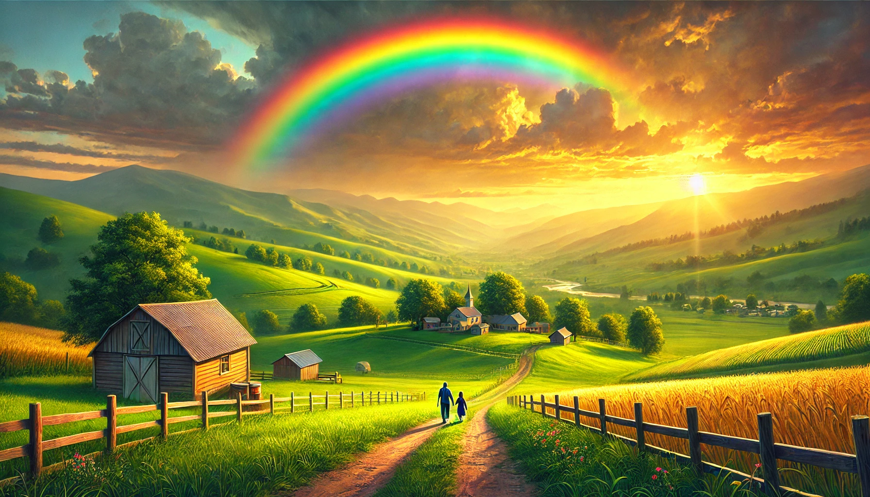 A peaceful countryside at dawn.