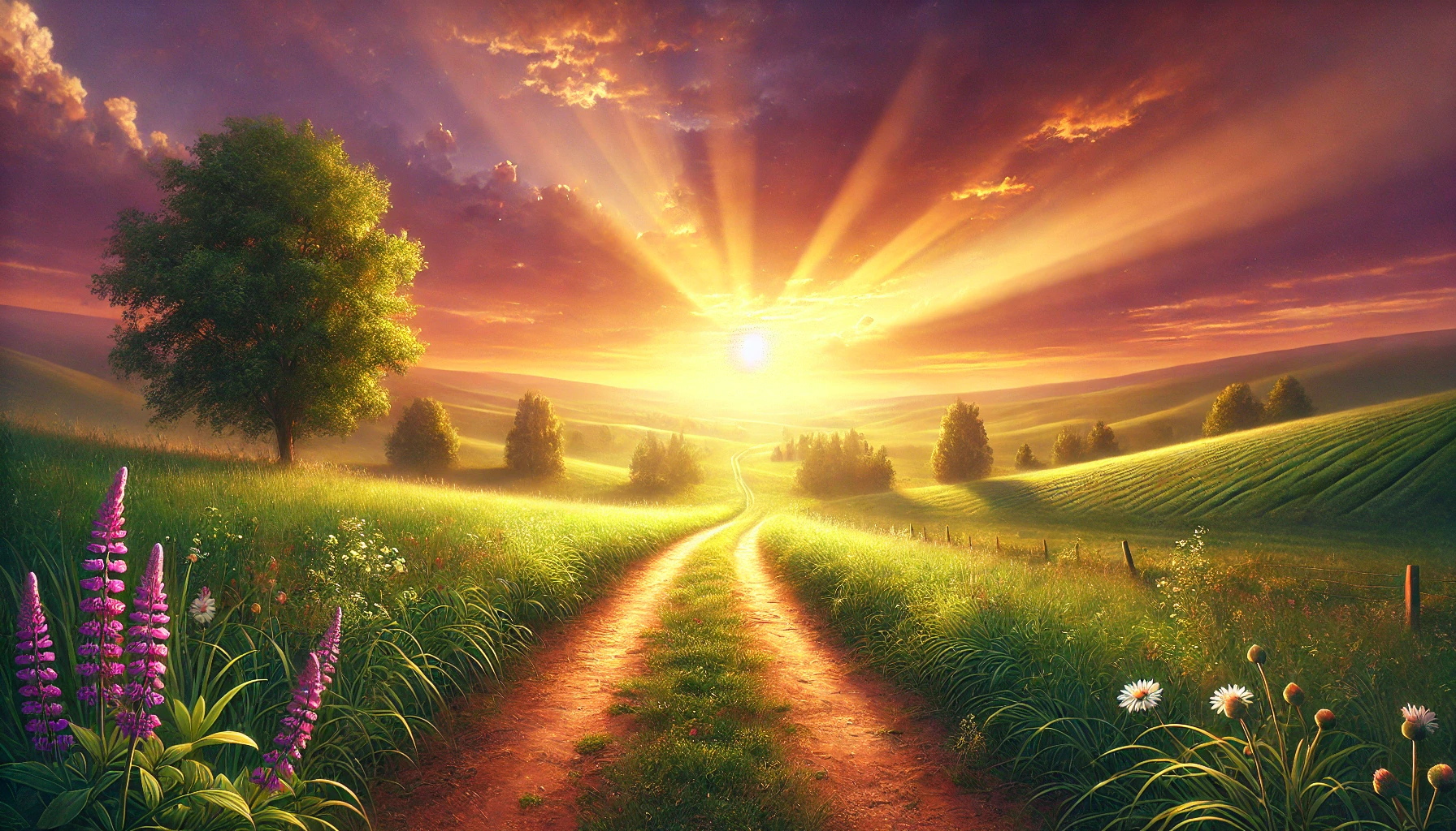 A peaceful countryside during sunset, with a golden glow illuminating rolling green hills.