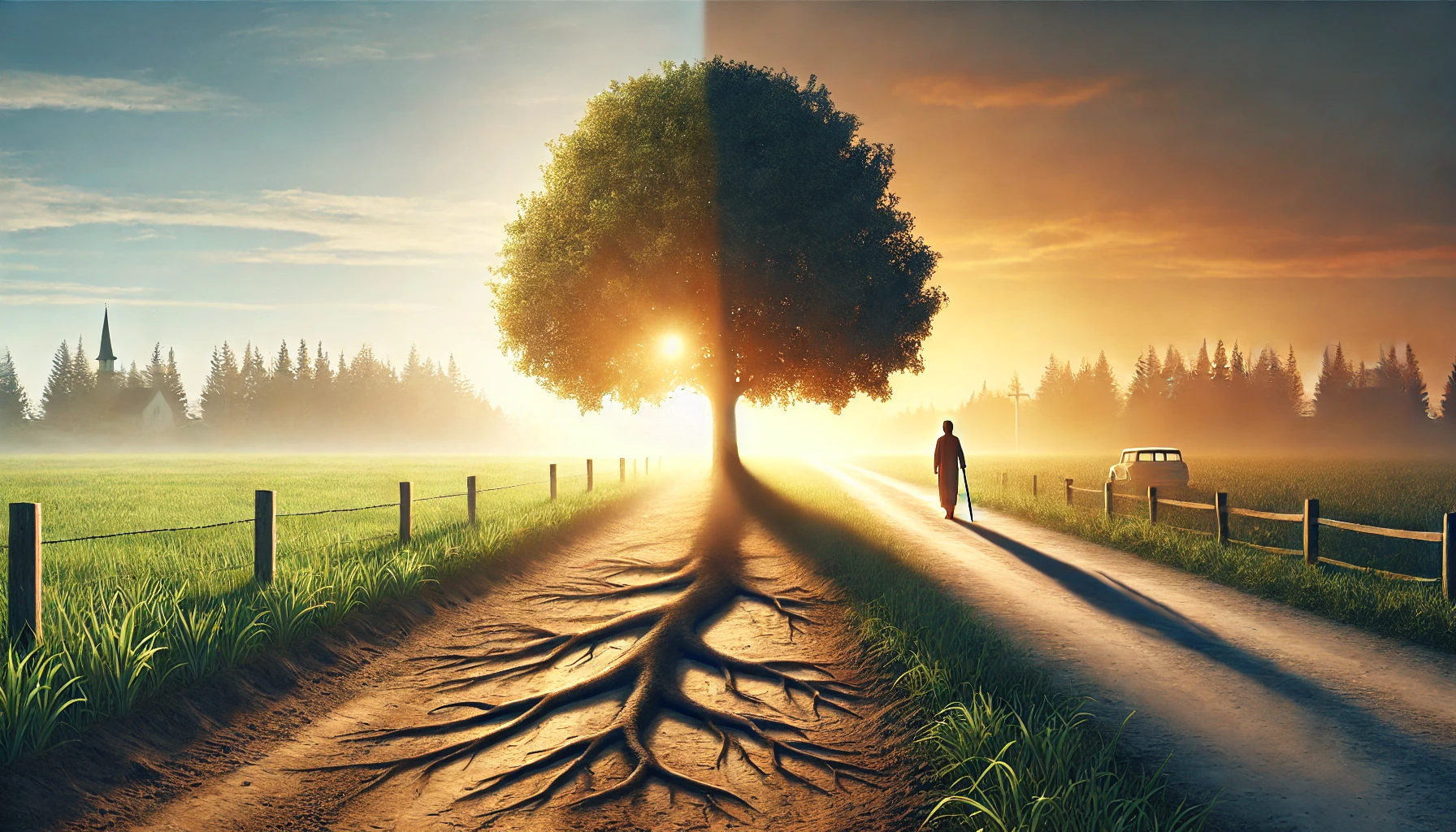 A peaceful countryside with a solitary tree casting a long shadow over a well-trodden dirt path.