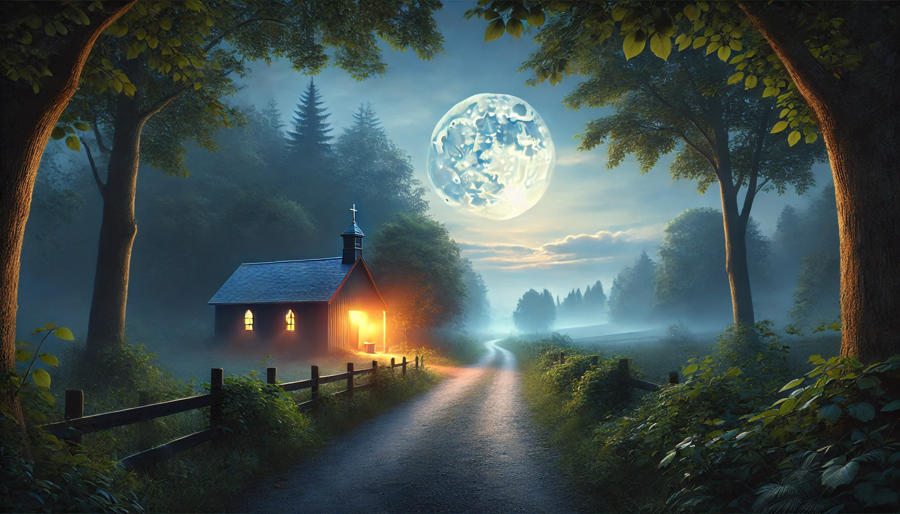 A peaceful evening scene with a quiet path lined by trees under a soft moonlit sky.