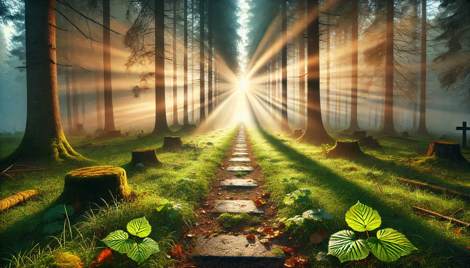 A peaceful forest path at sunrise with rays of sunlight breaking through tall trees.