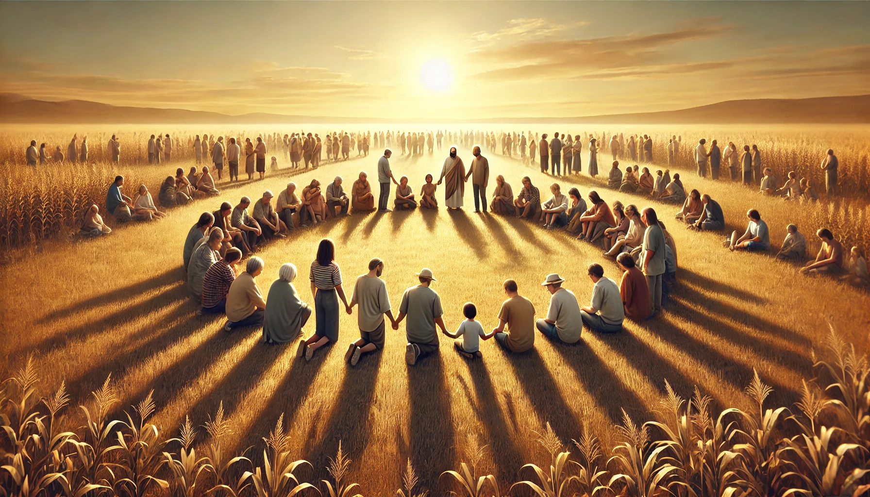 A peaceful gathering of people in a circle on a sunny field.
