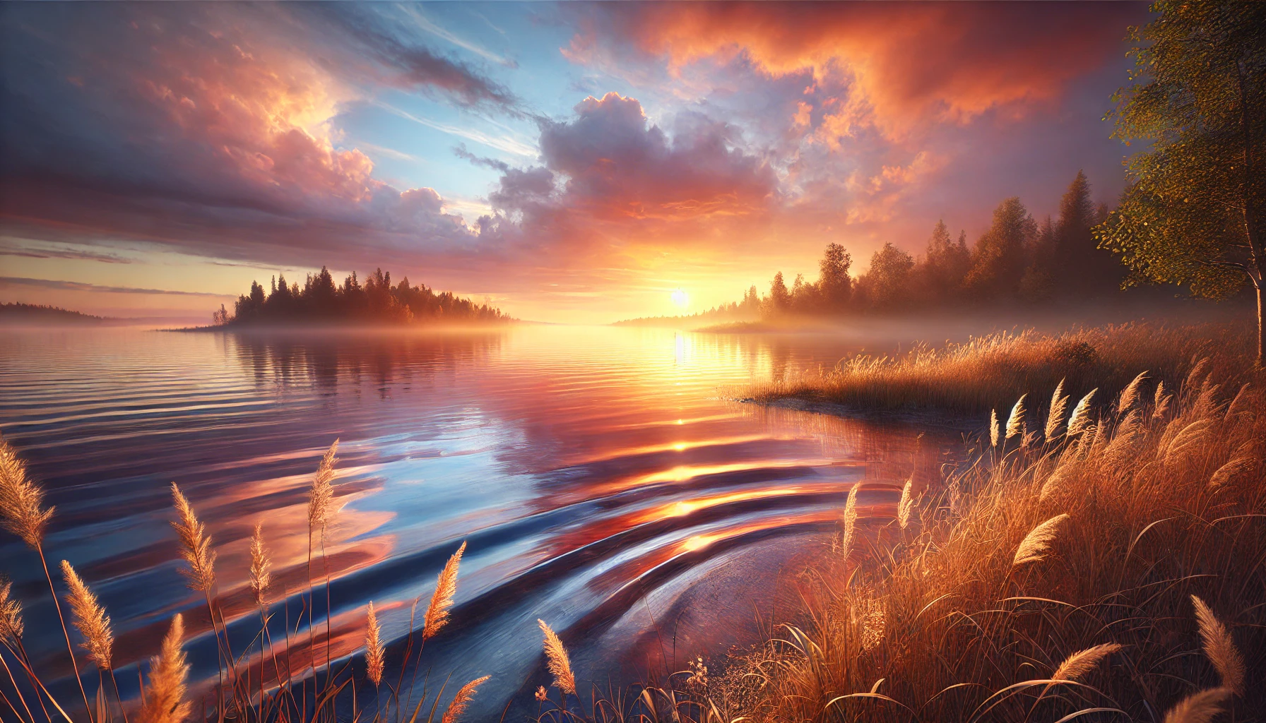 A peaceful lakeside at sunset with soft orange and pink hues reflecting on the water.