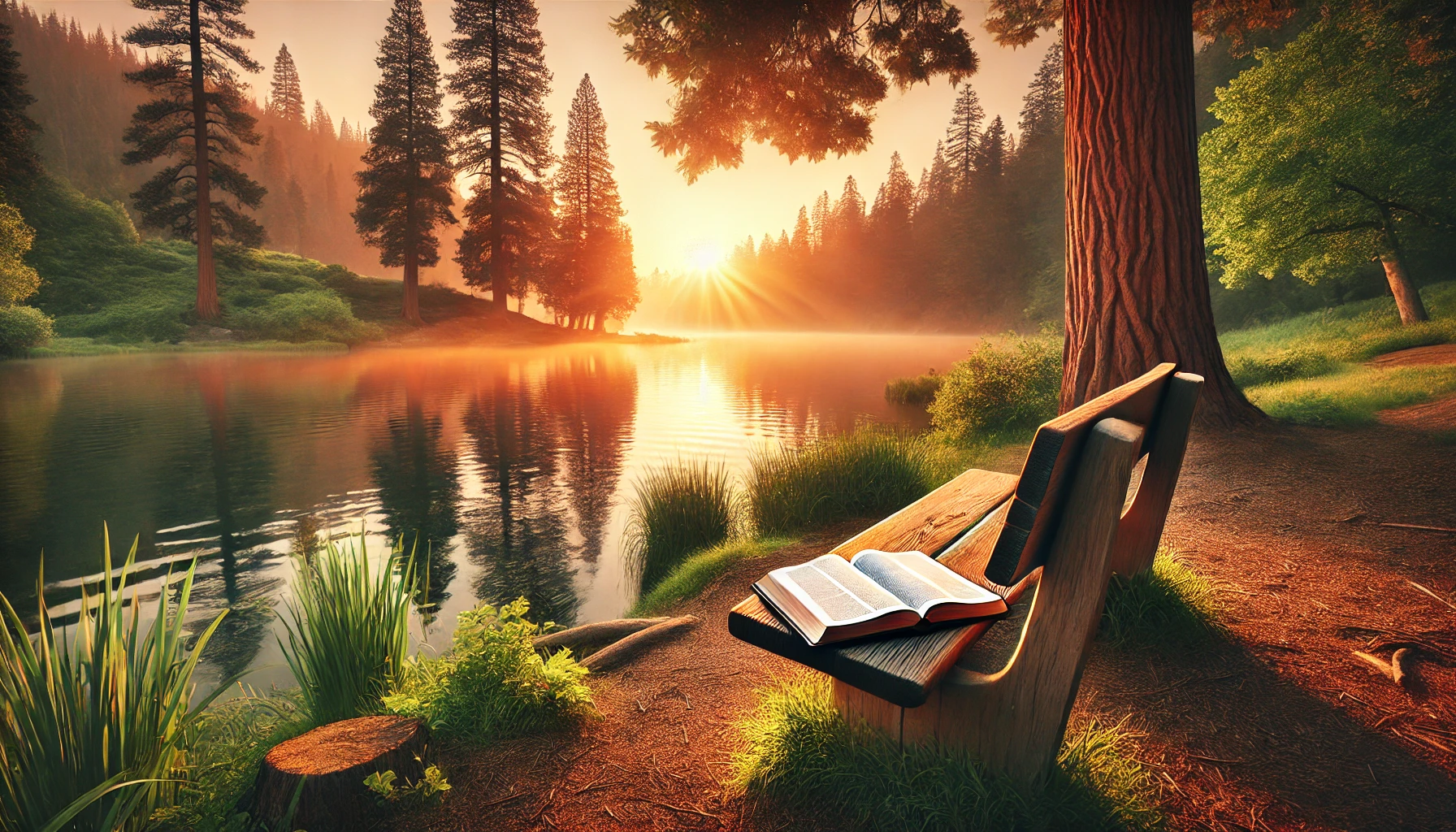 A peaceful lakeside scene at sunset, with calm water reflecting soft orange and pink hues.