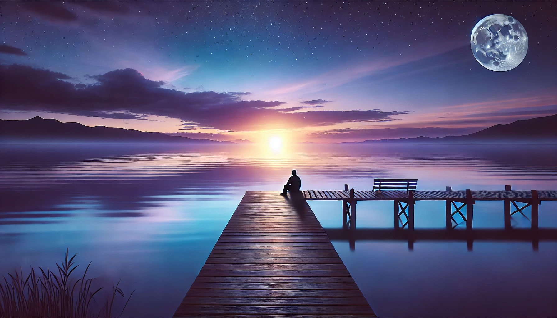A peaceful lakeside scene at twilight with a small wooden pier extending into calm waters.