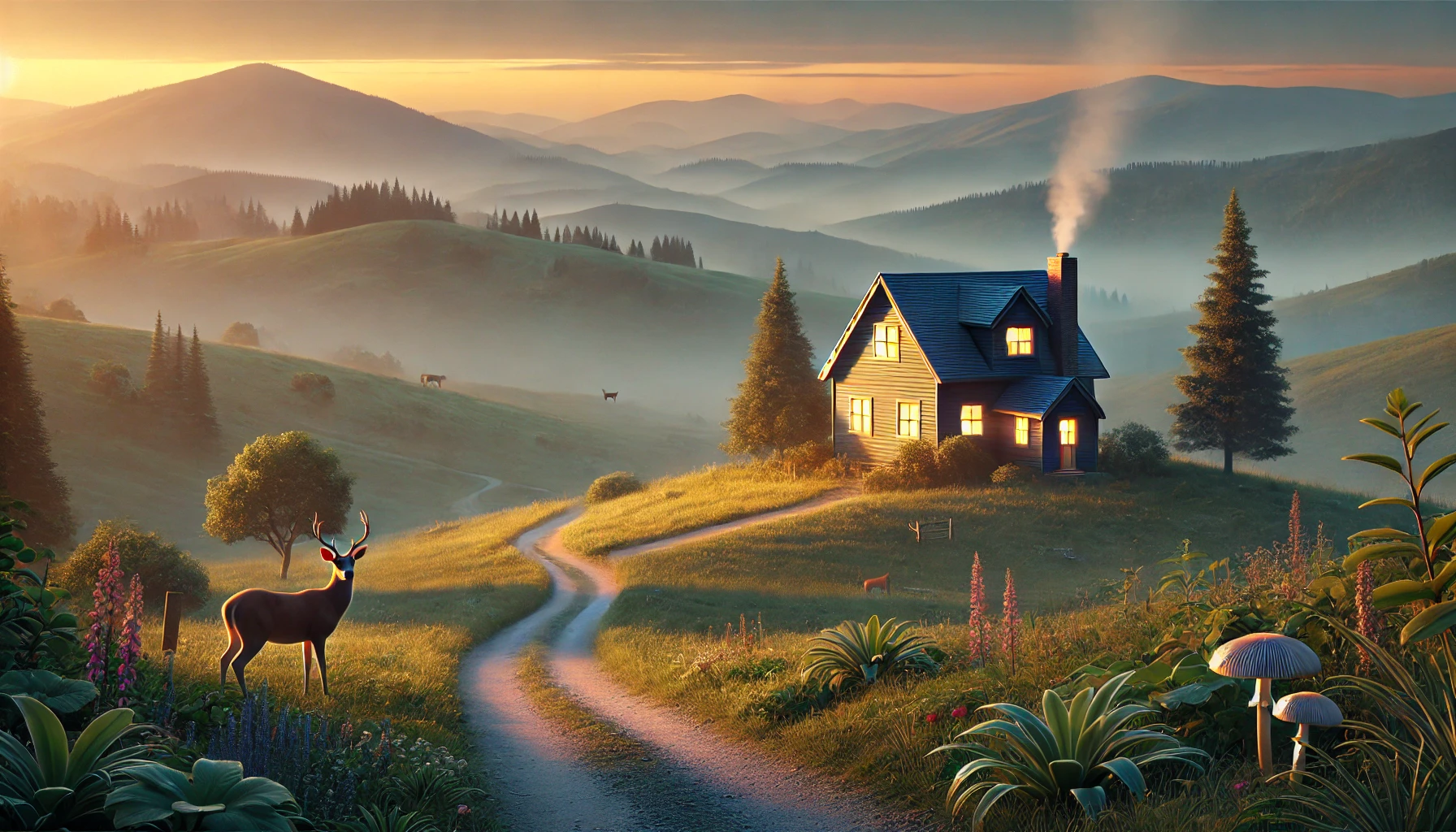 A peaceful landscape at dawn, with a small, cozy house nestled in the rolling hills.