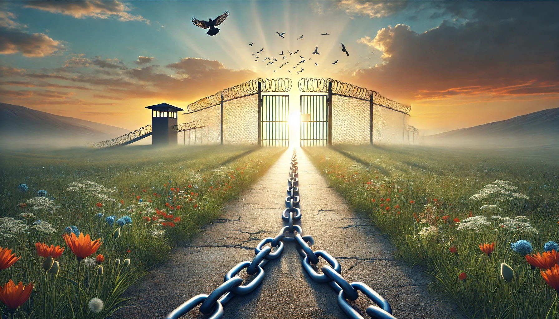 A peaceful landscape with a clear path leading from a dark prison gate toward a glowing sunrise.