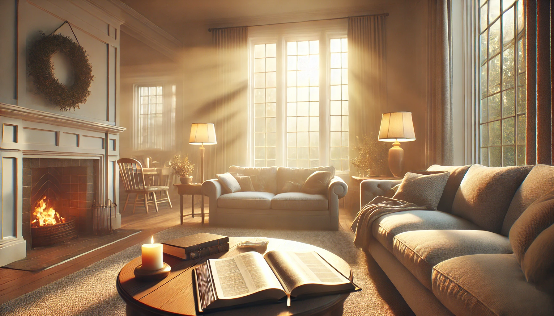 A peaceful living room with soft sunlight streaming through large windows.