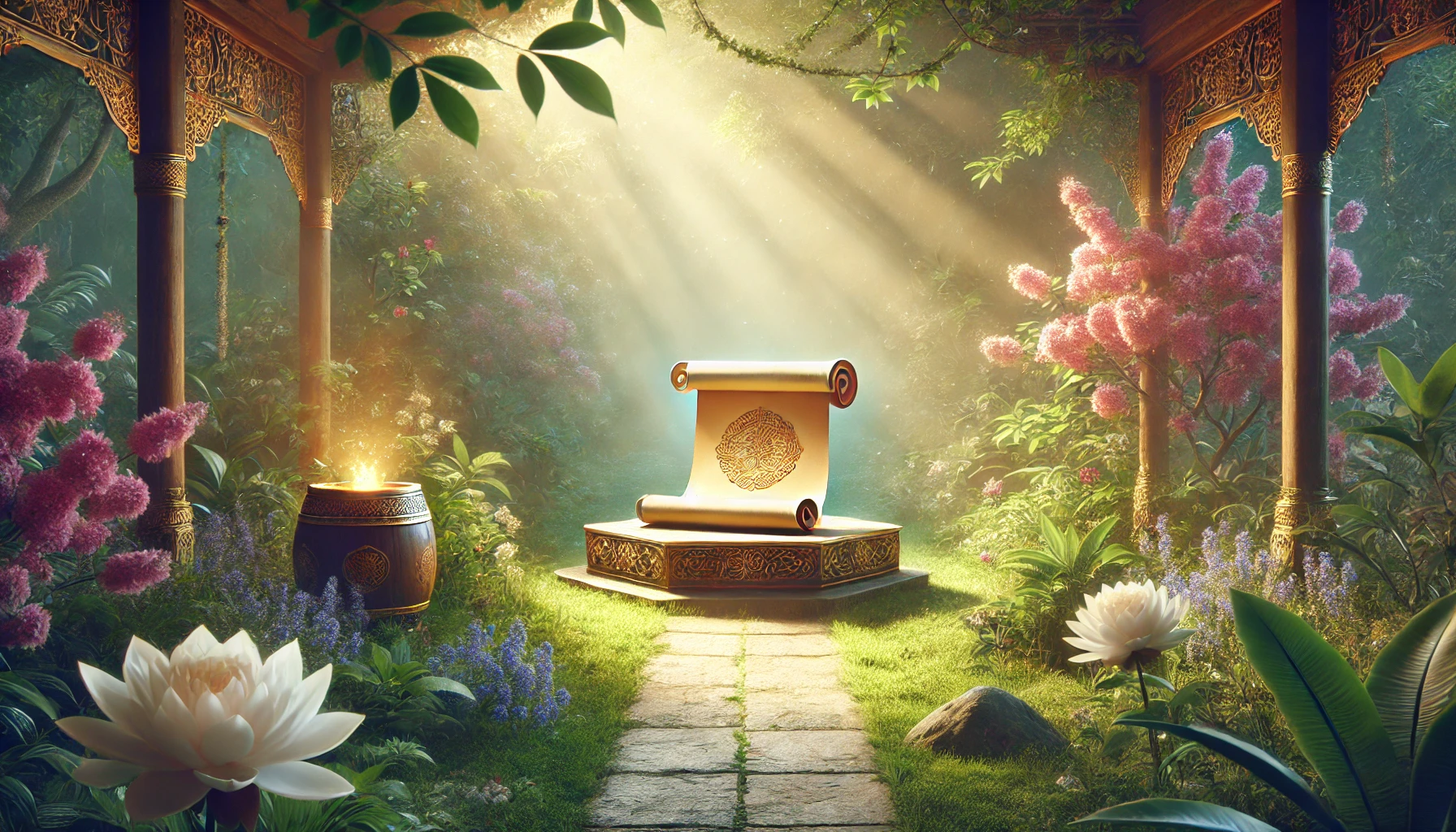 A peaceful, lush garden with a path leading to a small altar surrounded by blooming flowers.