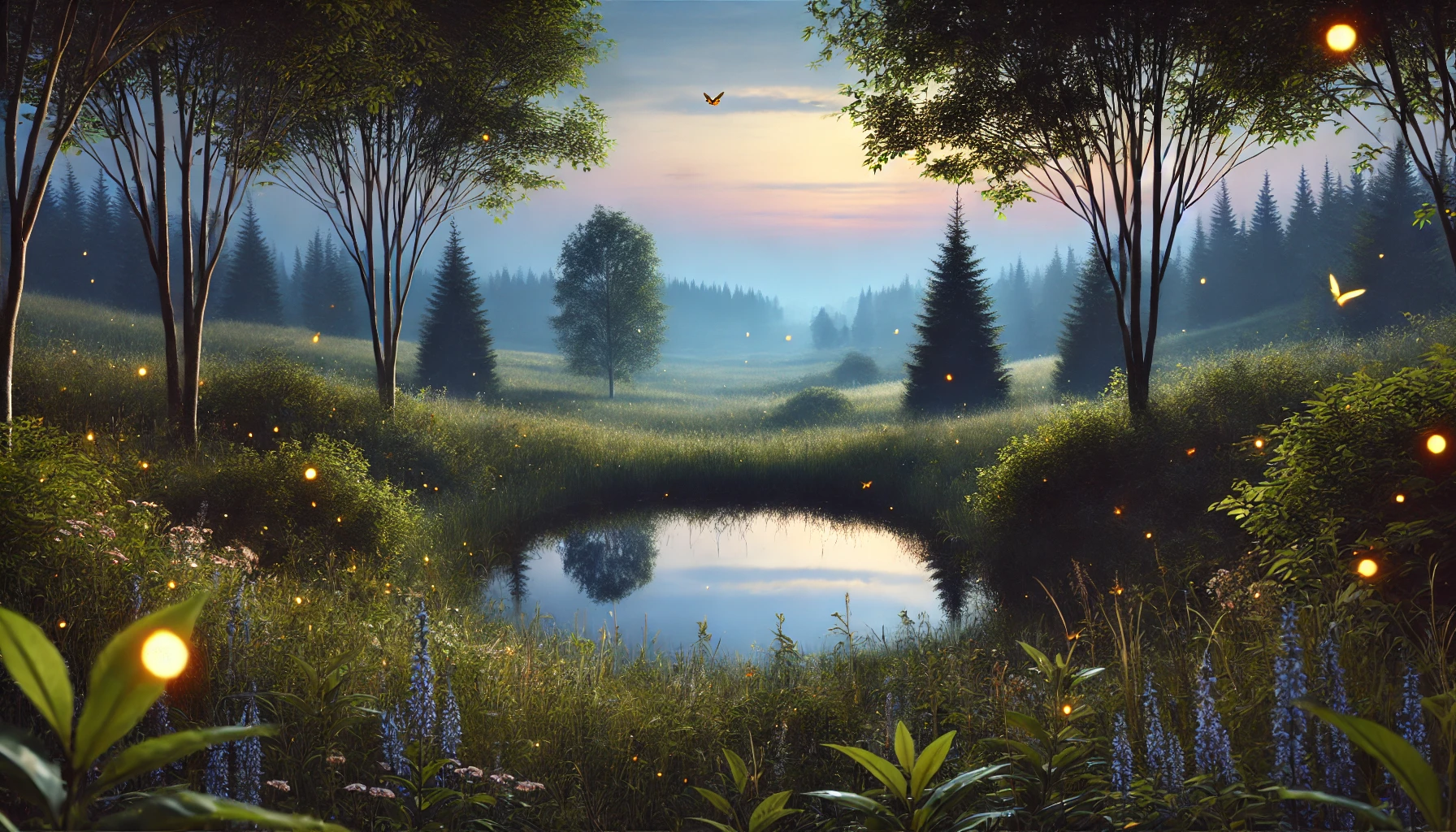 A peaceful meadow at dusk.