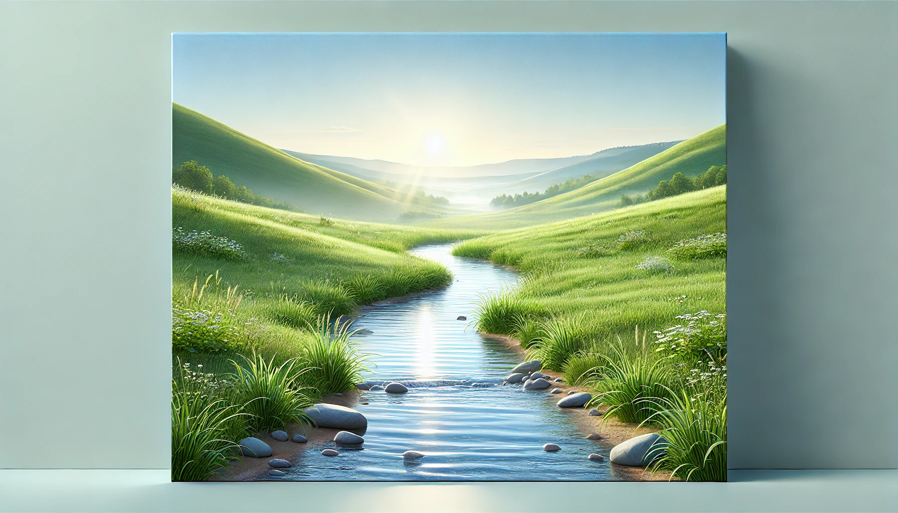 A peaceful meadow with a gentle stream flowing through it, surrounded by soft hills under a clear blue sky.