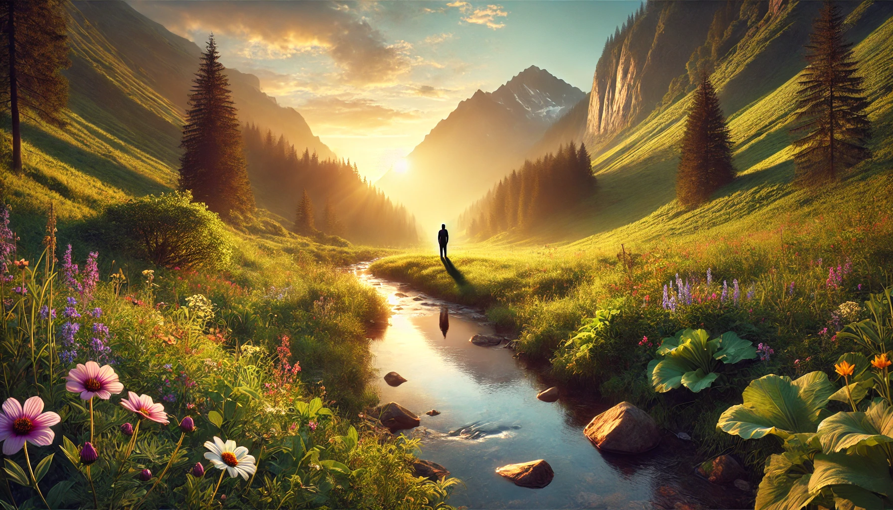 A peaceful mountain valley at sunset.