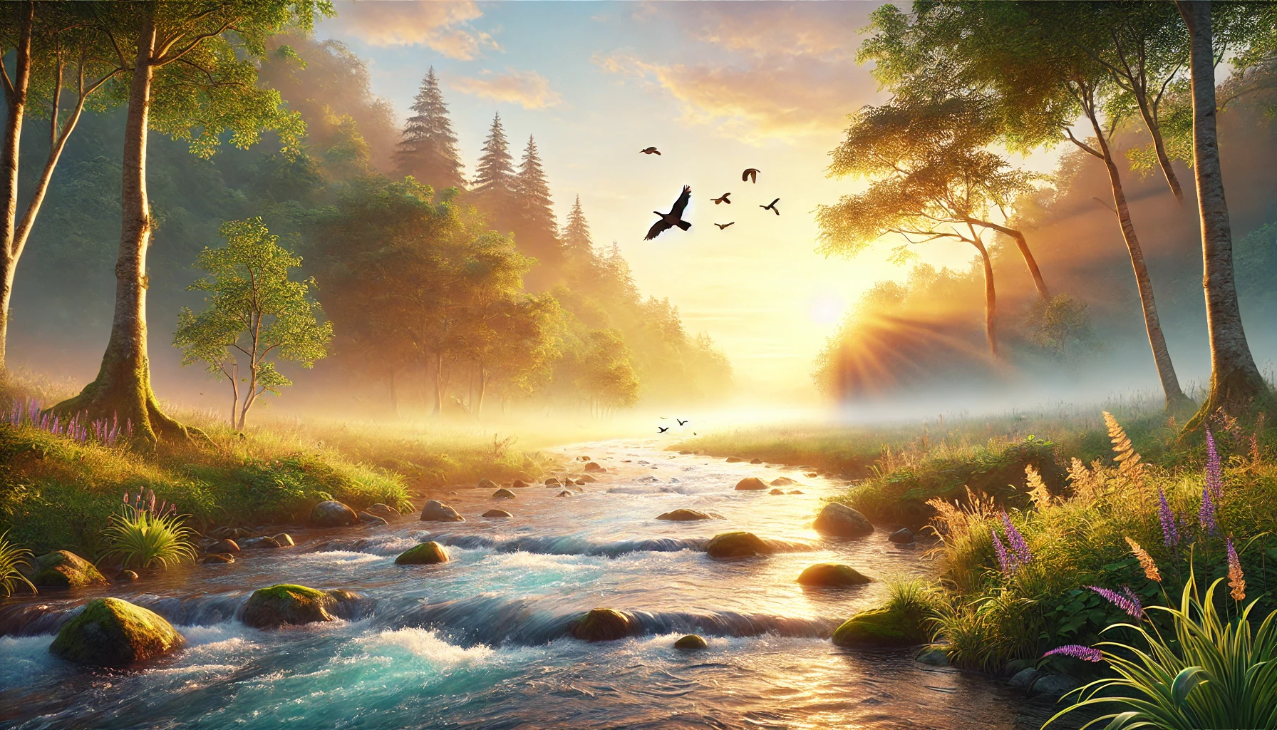 A peaceful riverside scene during sunrise.