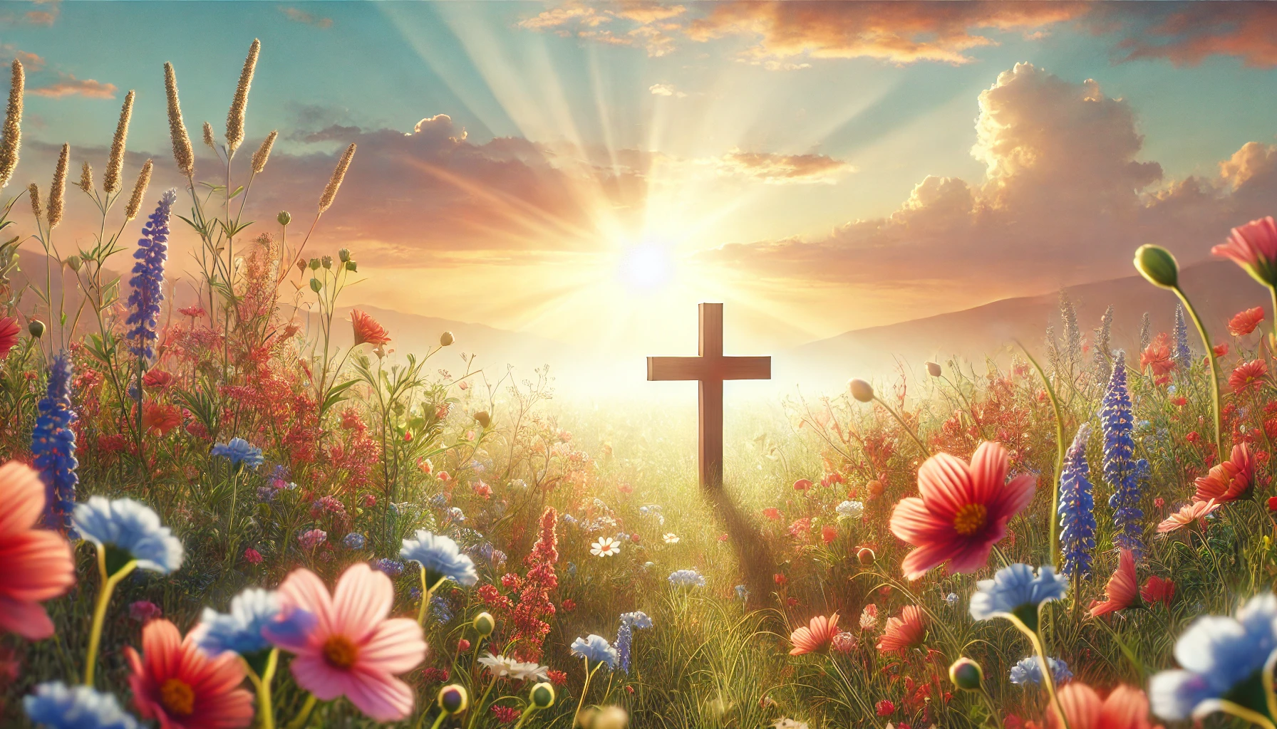 A peaceful sunrise over a meadow with vibrant wildflowers.