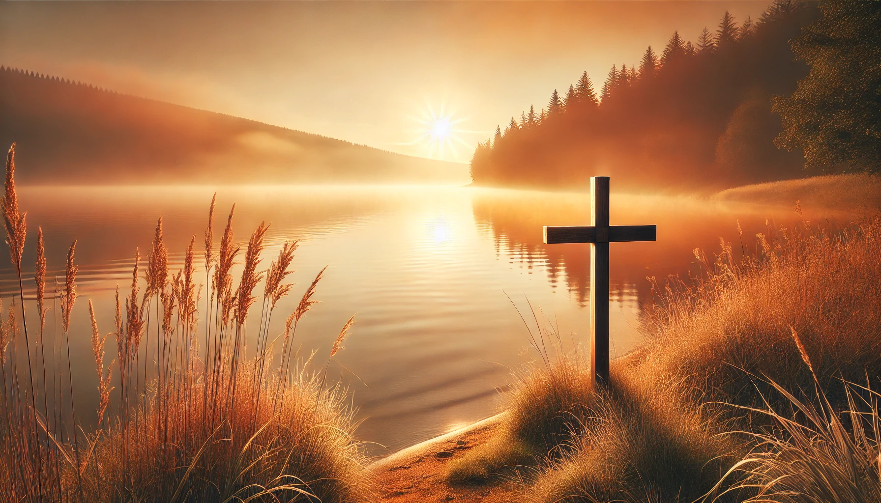 A peaceful sunrise over a still lake.