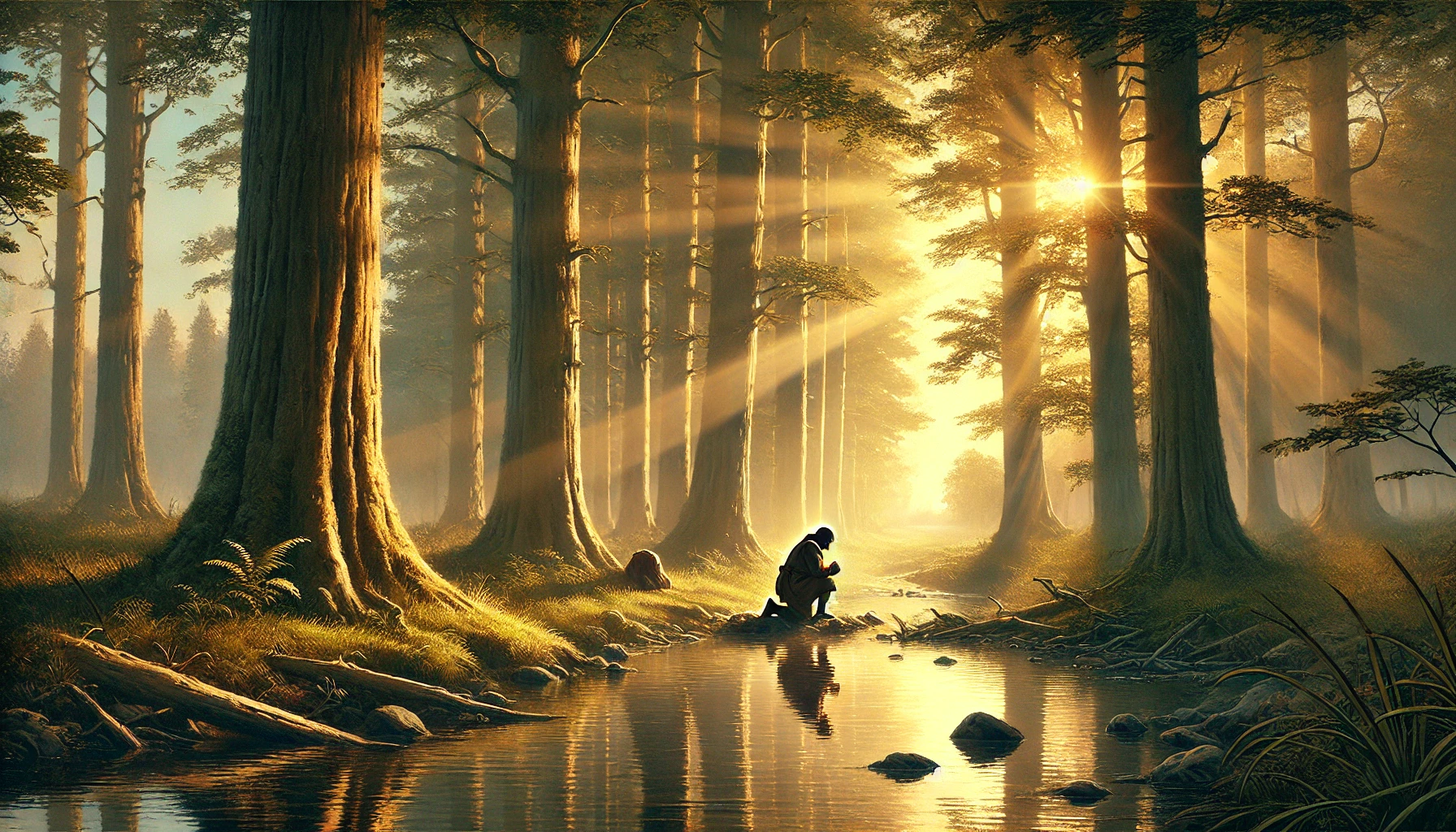 A peaceful woodland scene at sunrise.