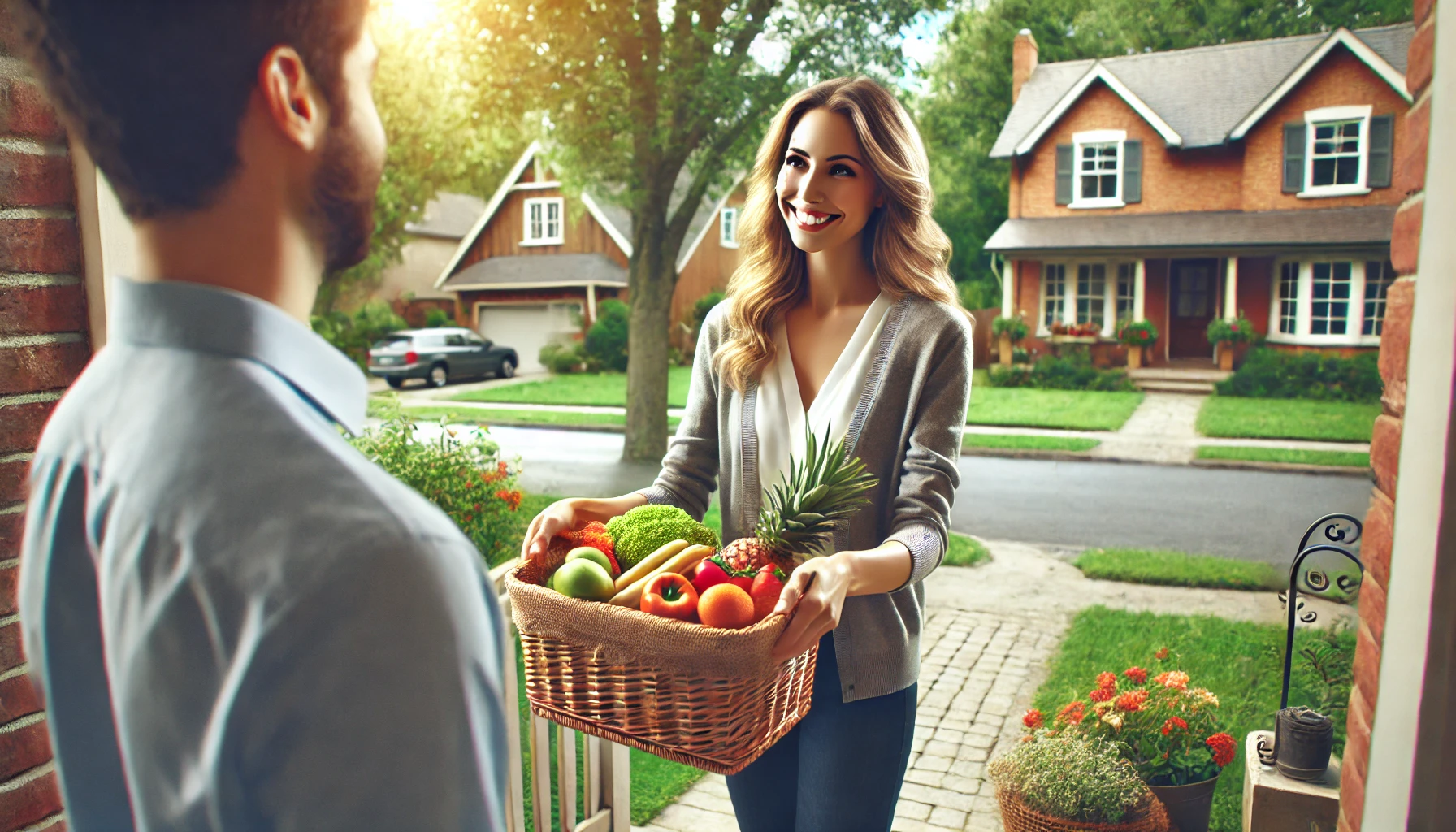 A person giving fresh produce to a neighbor at their doorstep.
