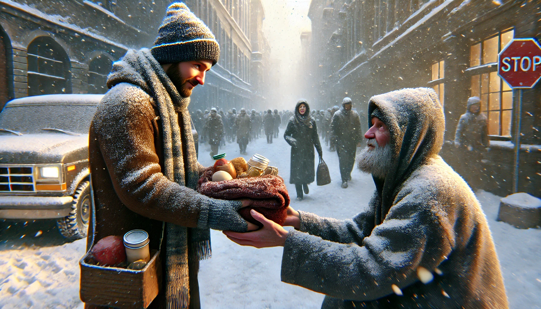 A person handing warm clothing and food to a homeless individual on a snowy street.