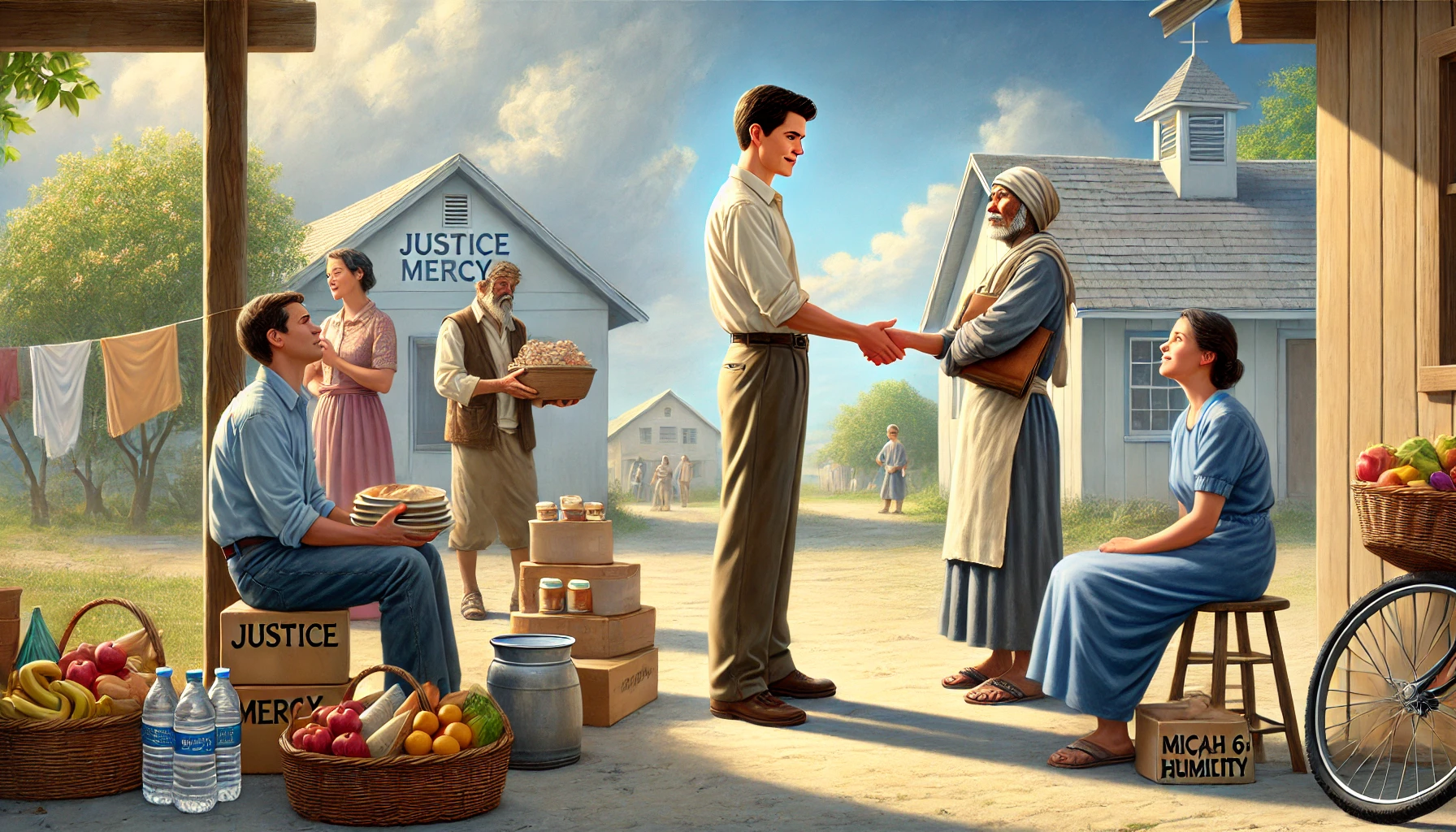 A person helping others in need with acts of justice, mercy, and humility.