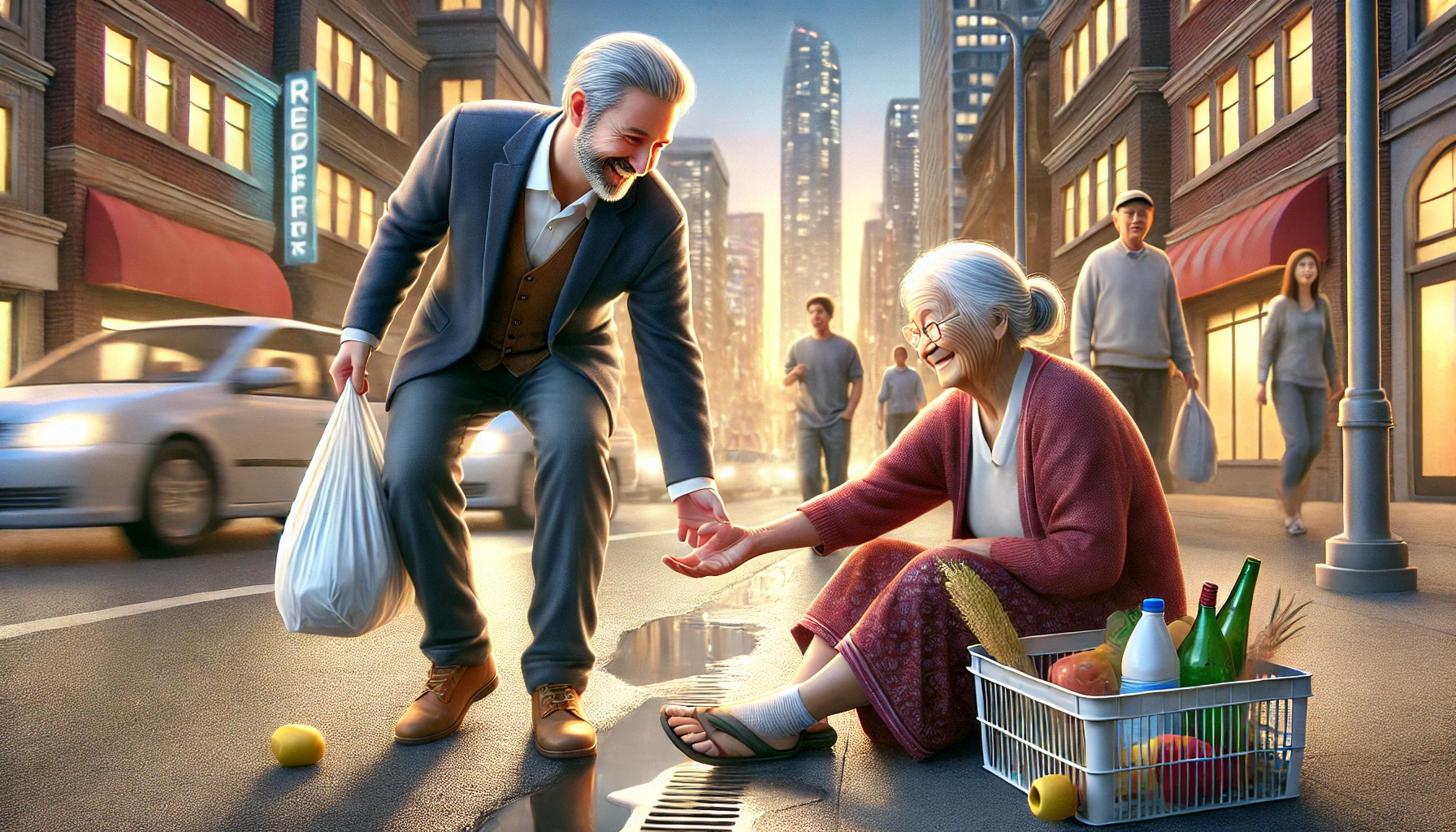https://www.faithonvA person helps another who has dropped groceries on a busy sidewalk