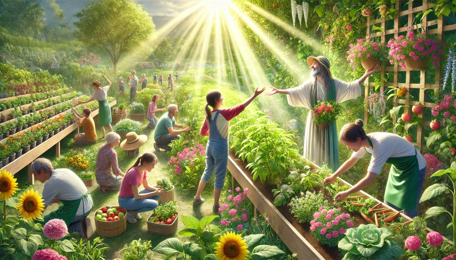 A person joyfully helping others in a community garden.