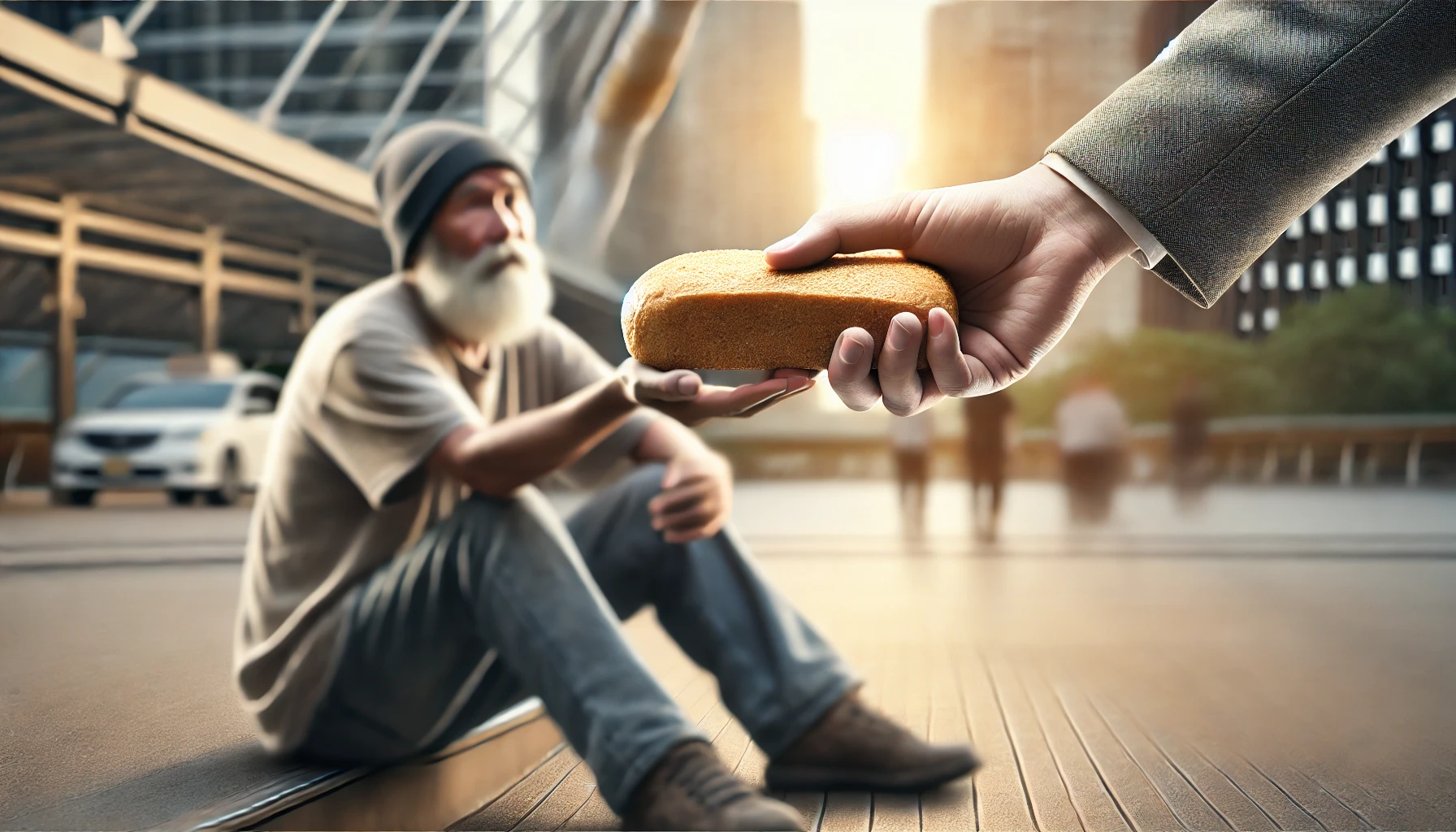 A person kneeling down to hand a loaf of bread to a homeless person sitting on a city sidewalk.