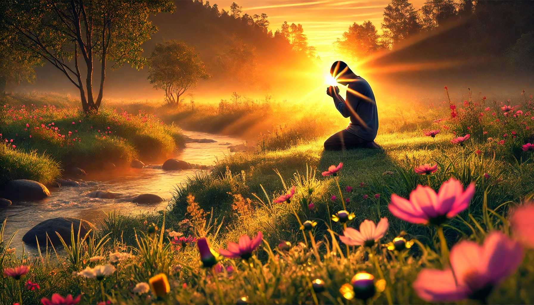 A person kneeling in prayer in a meadow at sunrise. The light of the dawn softly illuminates the figure.