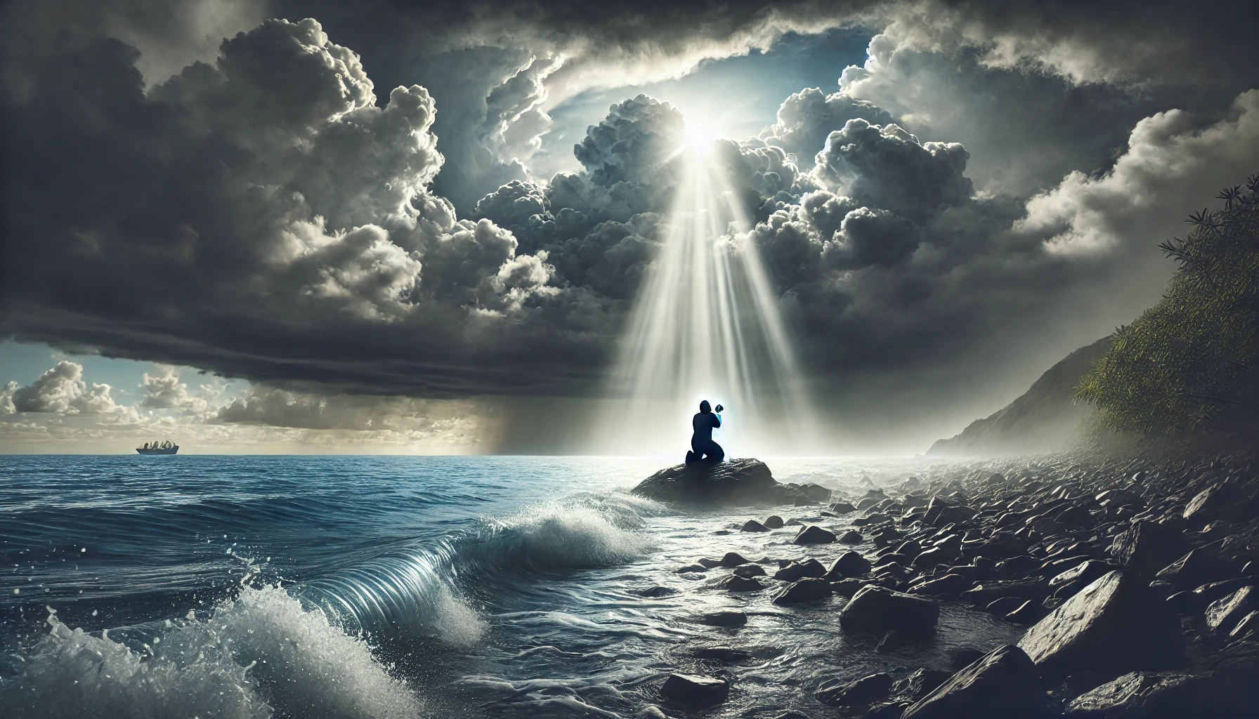 A person kneeling on a rocky shore under a stormy sky, crying out in desperation.