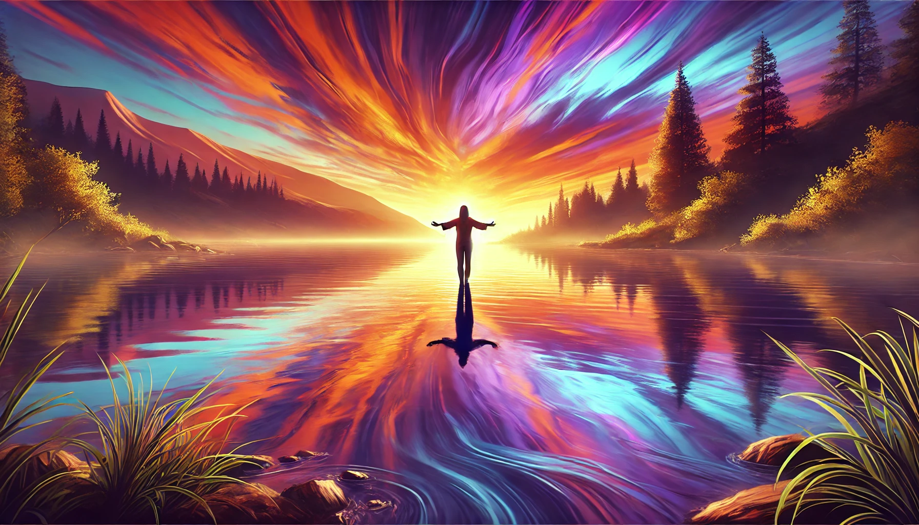 A person standing in a colorful, tranquil lake at sunset, arms outstretched in acceptance.