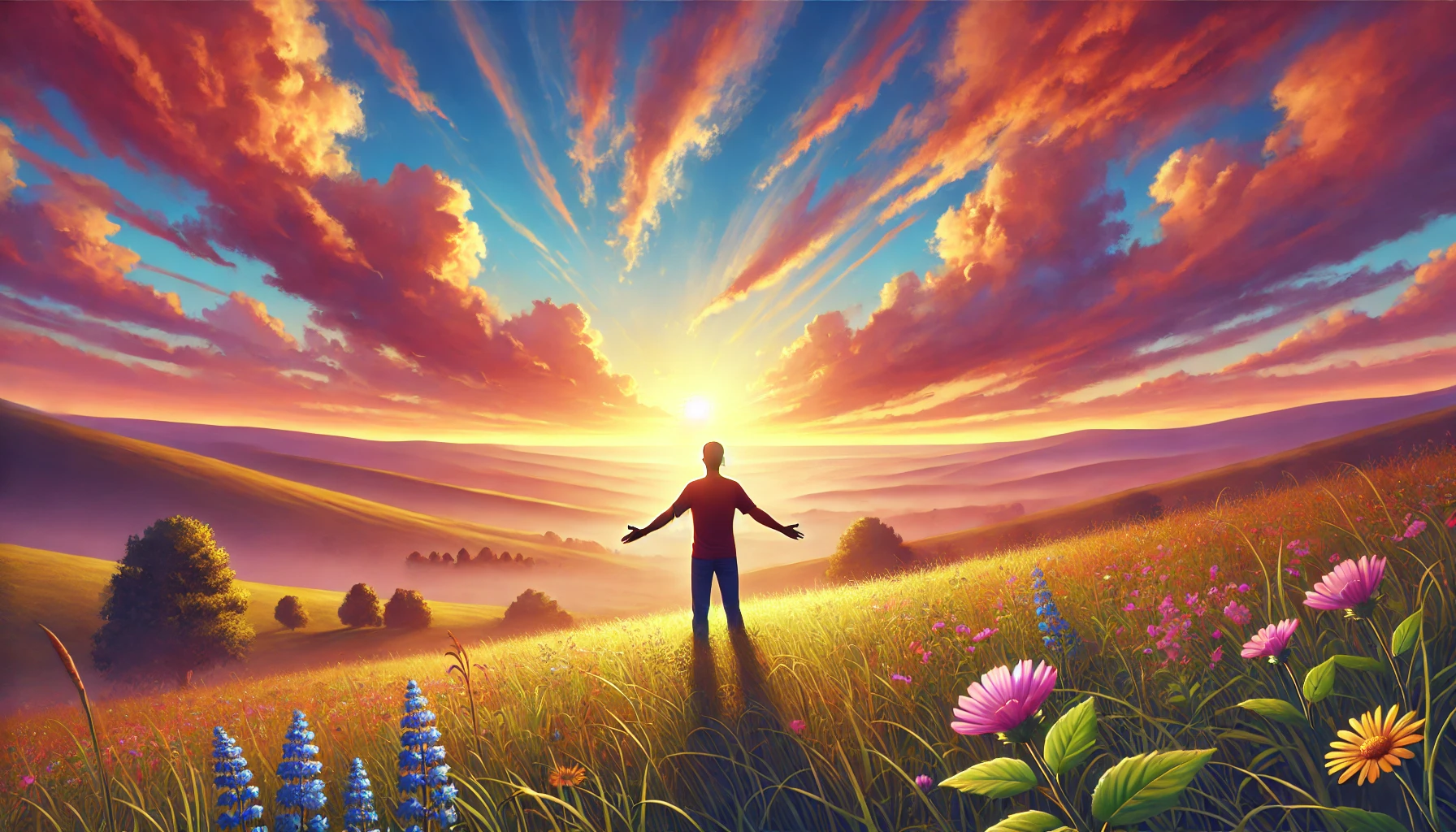 A person standing on a hill at sunset, arms outstretched toward the sky.