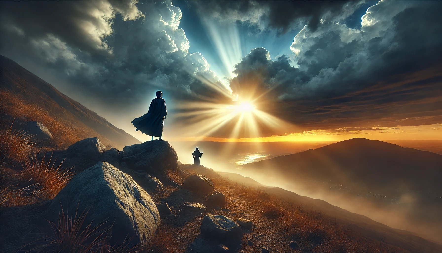 A person standing on a rocky hill at twilight.