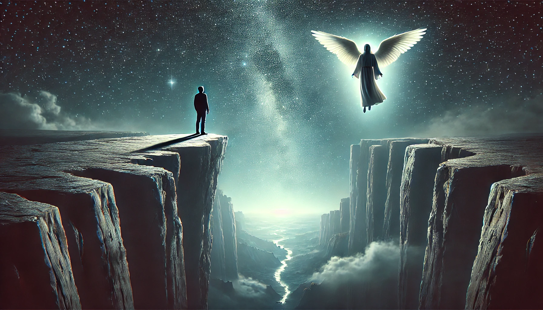 A person standing on the edge of a cliff at night, looking up at a star-filled sky.