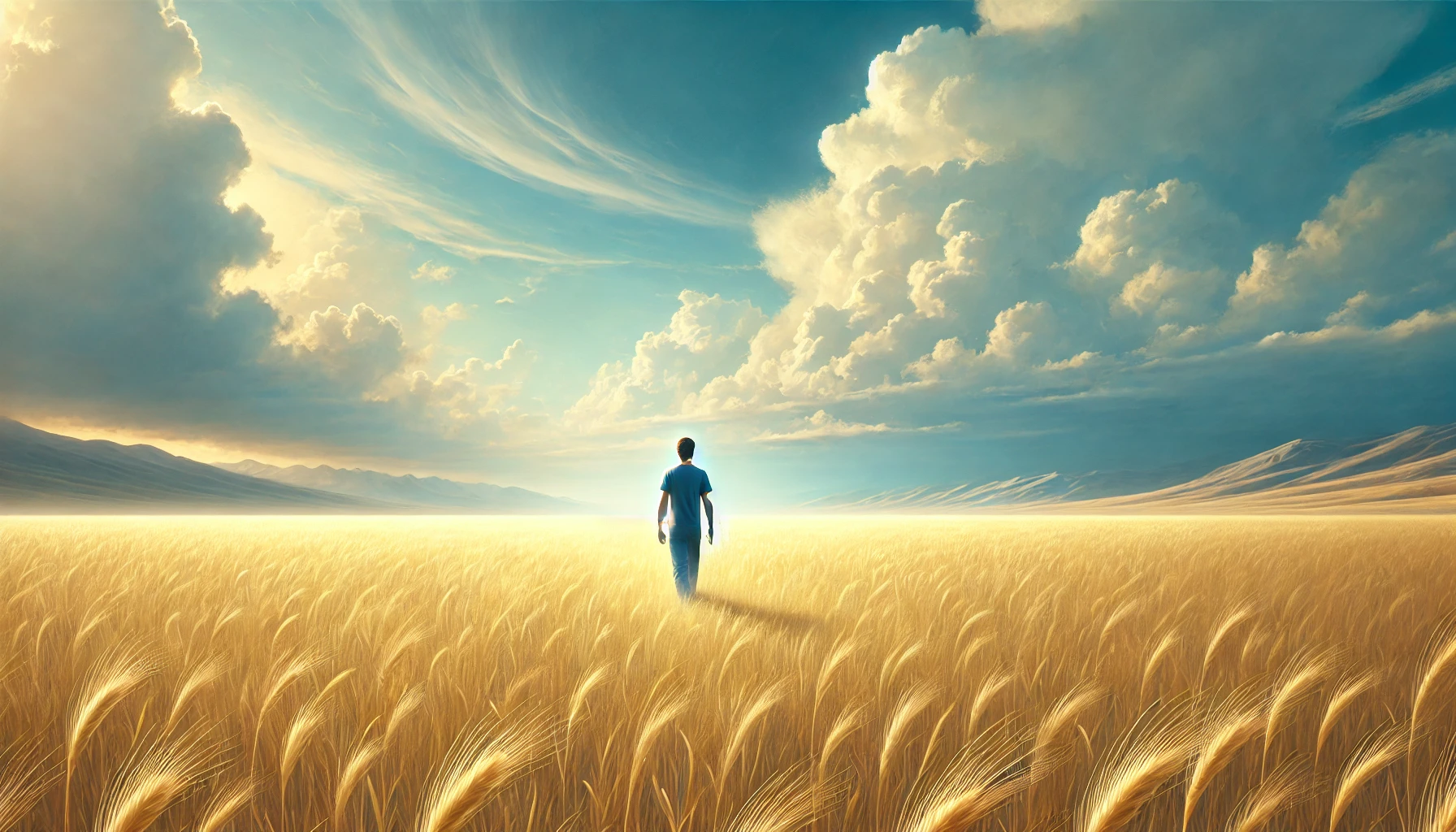 A person walking across a vast golden field under a bright blue sky with soft white clouds.