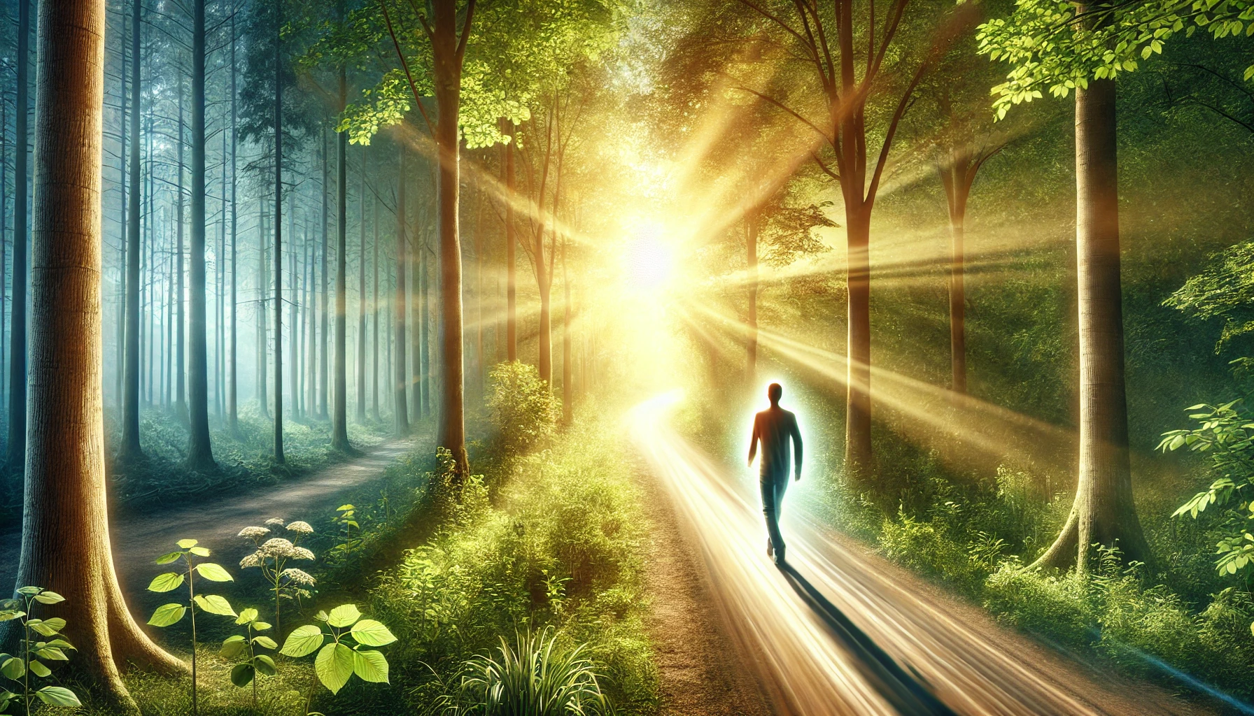 A person walking along a serene forest path with sunlight filtering through the trees.