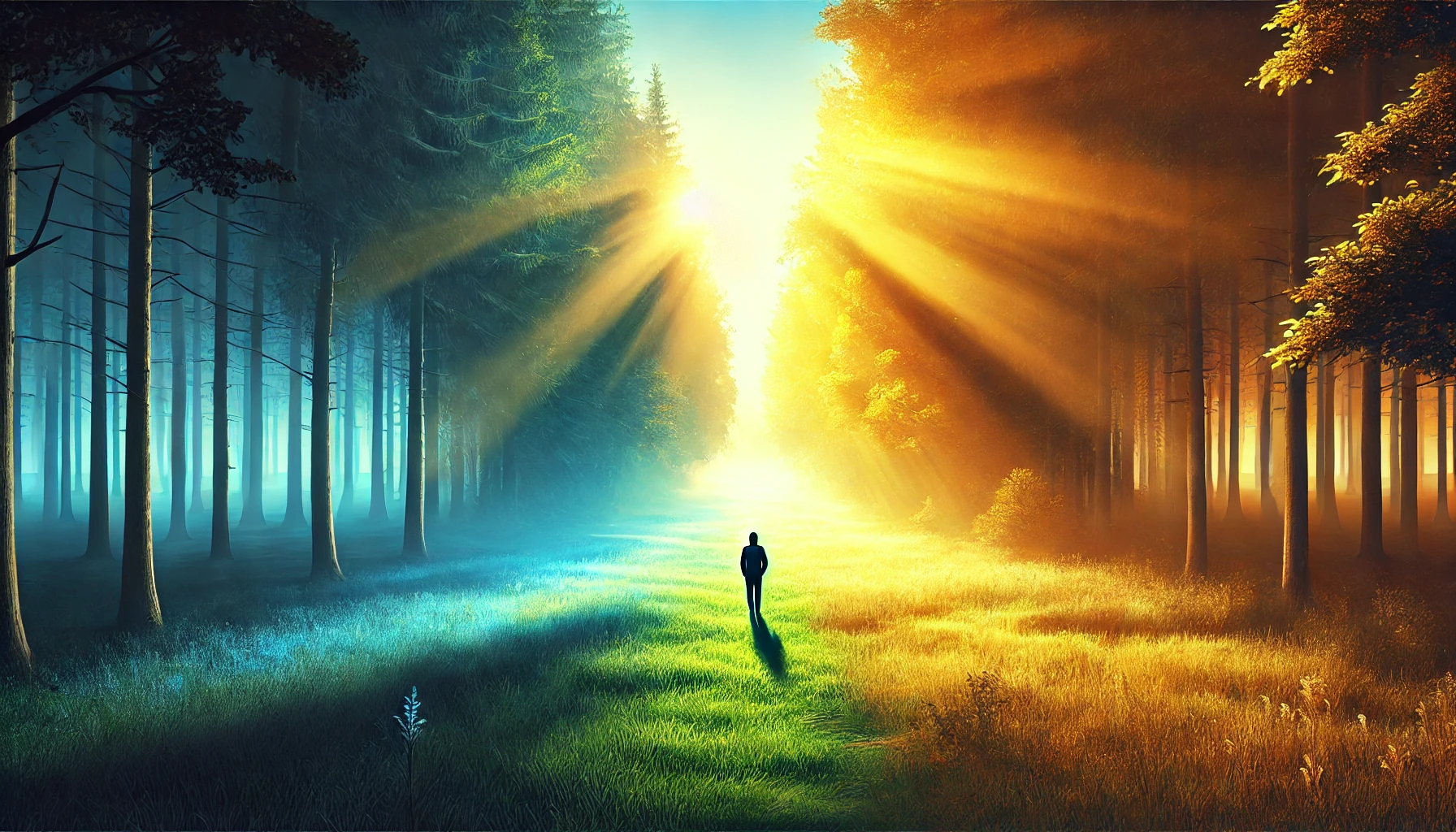 A person walking on a path out of a dark forest into a radiant, open field bathed in golden sunlight.