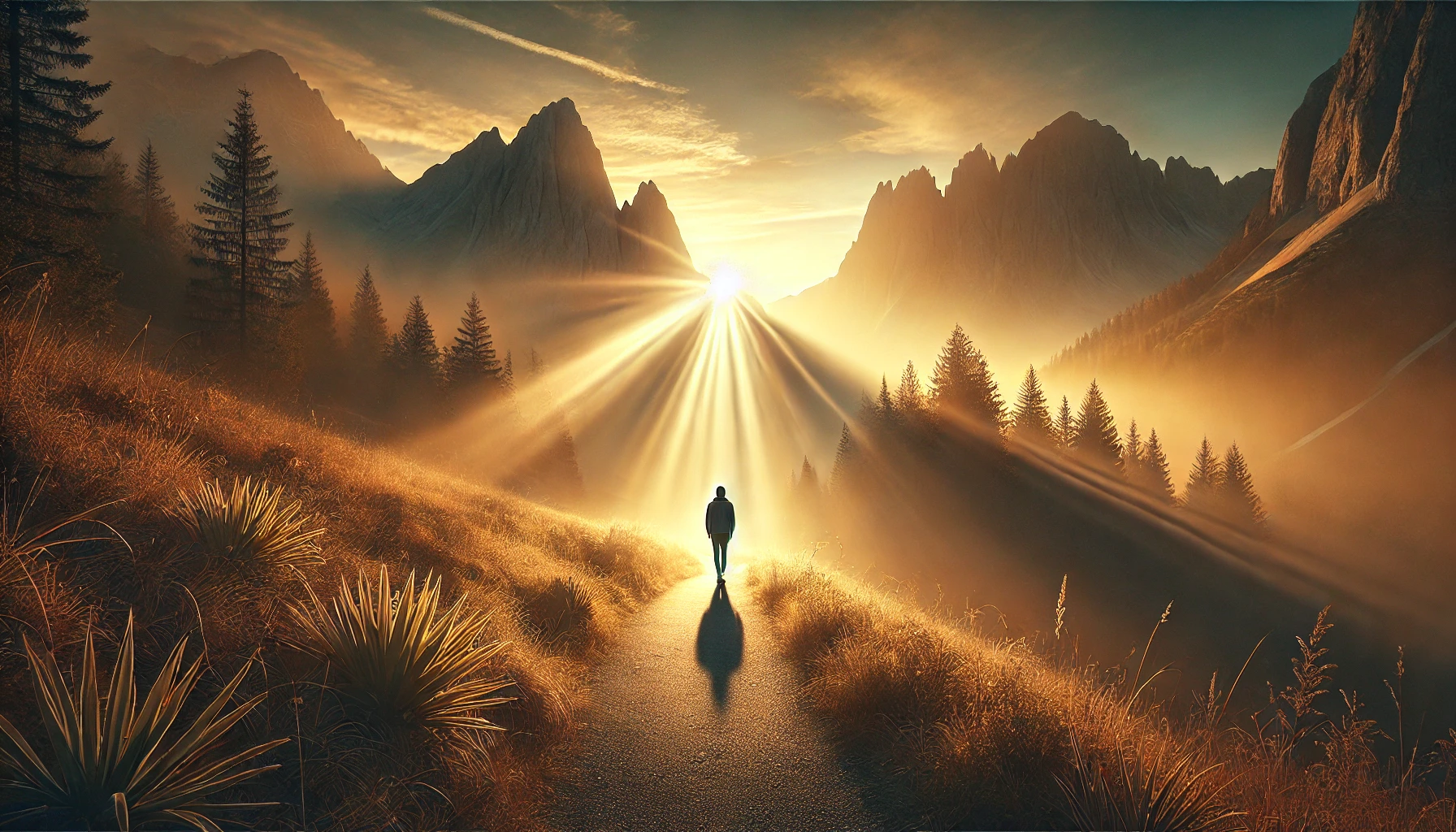 A person walking on a path surrounded by tall mountains under a golden sunrise.