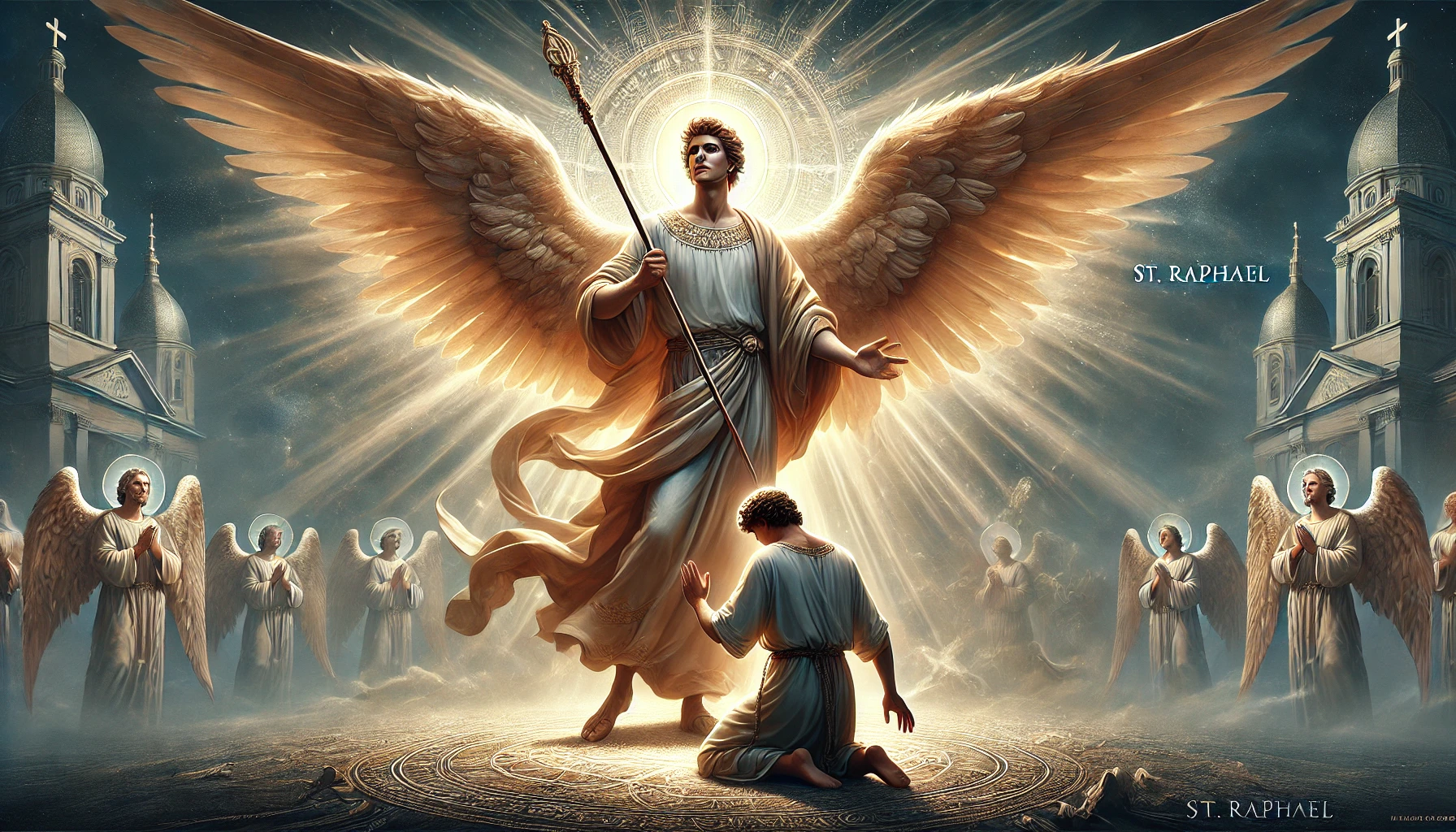 A photorealistic illustration of St. Raphael, the glorious Archangel, standing in radiant divine light. He is depicted with majestic wings, wearing a