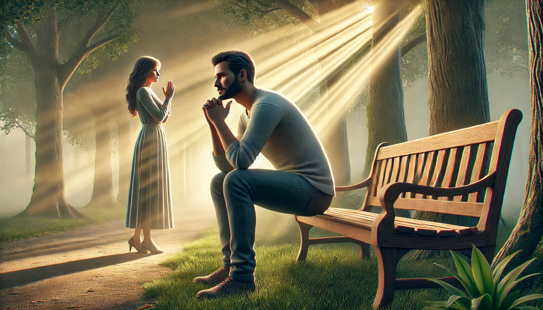 A photorealistic illustration of a man sitting on a park bench with a thoughtful expression, while his girlfriend stands nearby praying silently with
