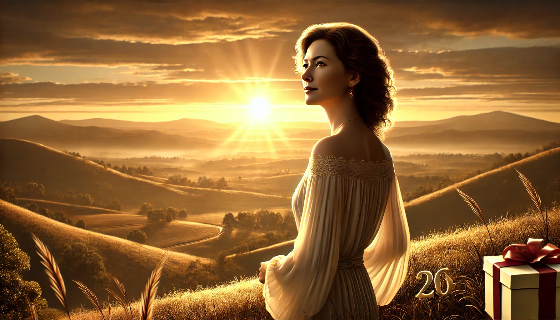 A photorealistic illustration of an adult woman standing on a scenic hilltop at sunset, looking towards the horizon with a hopeful expression. She is 