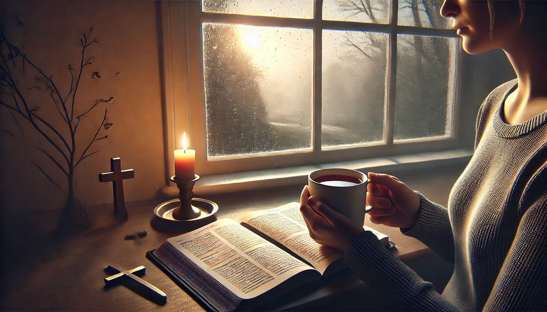 A photorealistic, peaceful scene of a person sitting by a window, holding a cup of tea with a distant, thoughtful gaze. A Bible with highlighted verse