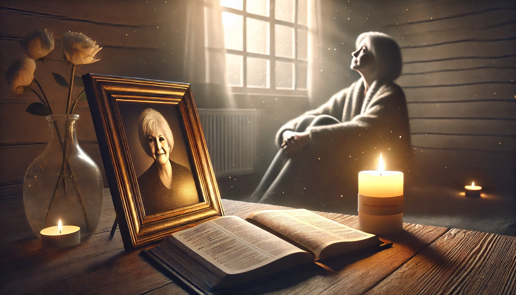 A photorealistic scene of a grieving person sitting in a quiet room, gazing at a framed photo of their mother. Soft light from a nearby window casts a