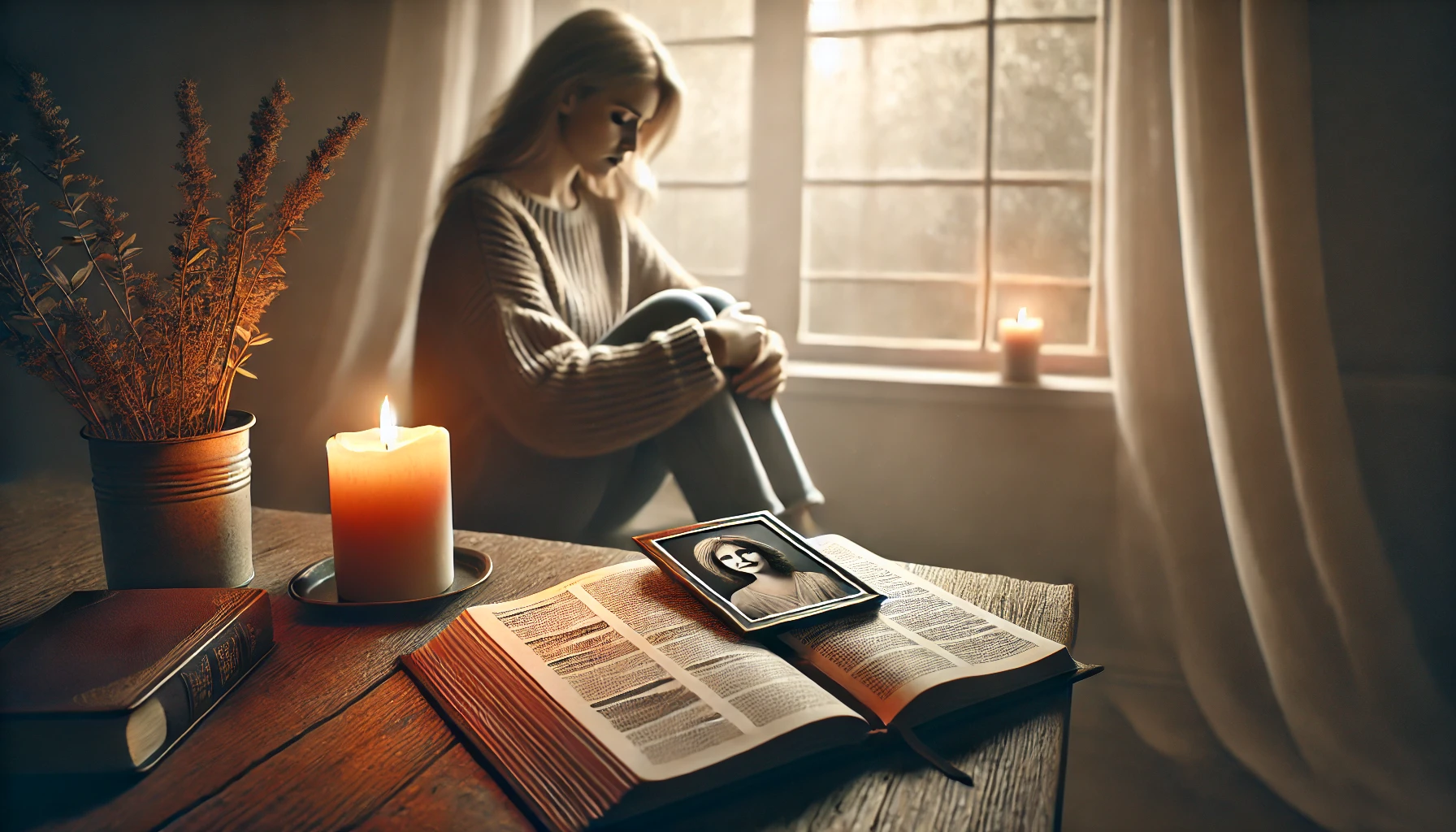 A photorealistic scene of a person sitting alone in a softly lit room, holding a photo of their mother with tears in their eyes. An open Bible with hi