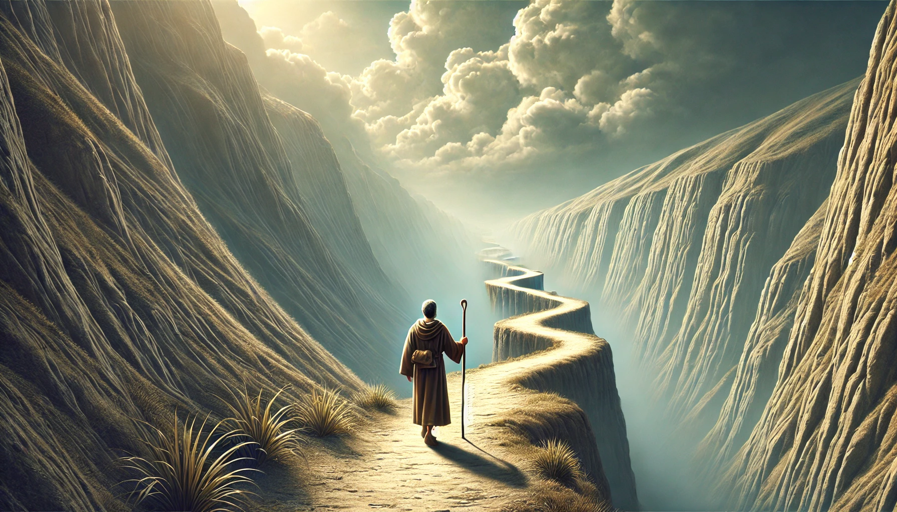 A pilgrim walking along a narrow, winding path through a rugged landscape.