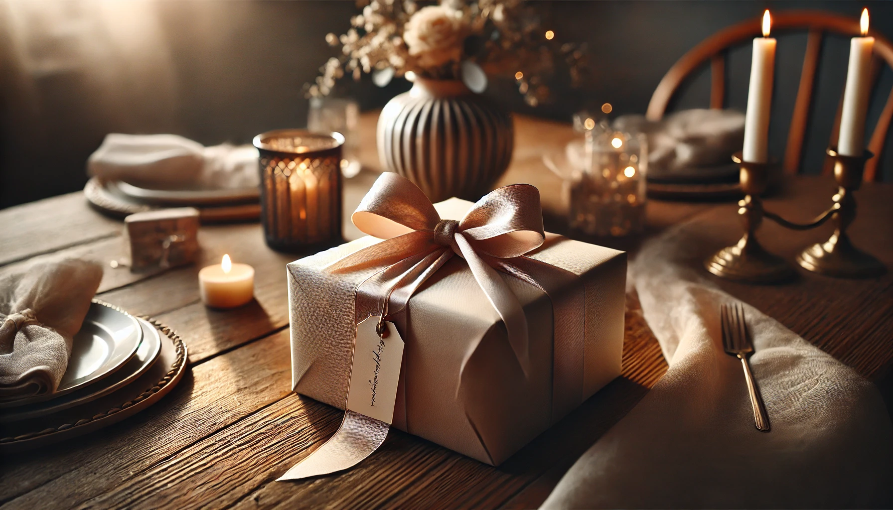 A present on a table, beautifully wrapped in elegant paper with a satin bow.