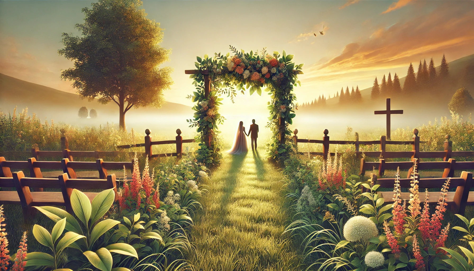 A quiet countryside wedding scene with a couple standing before a small altar.