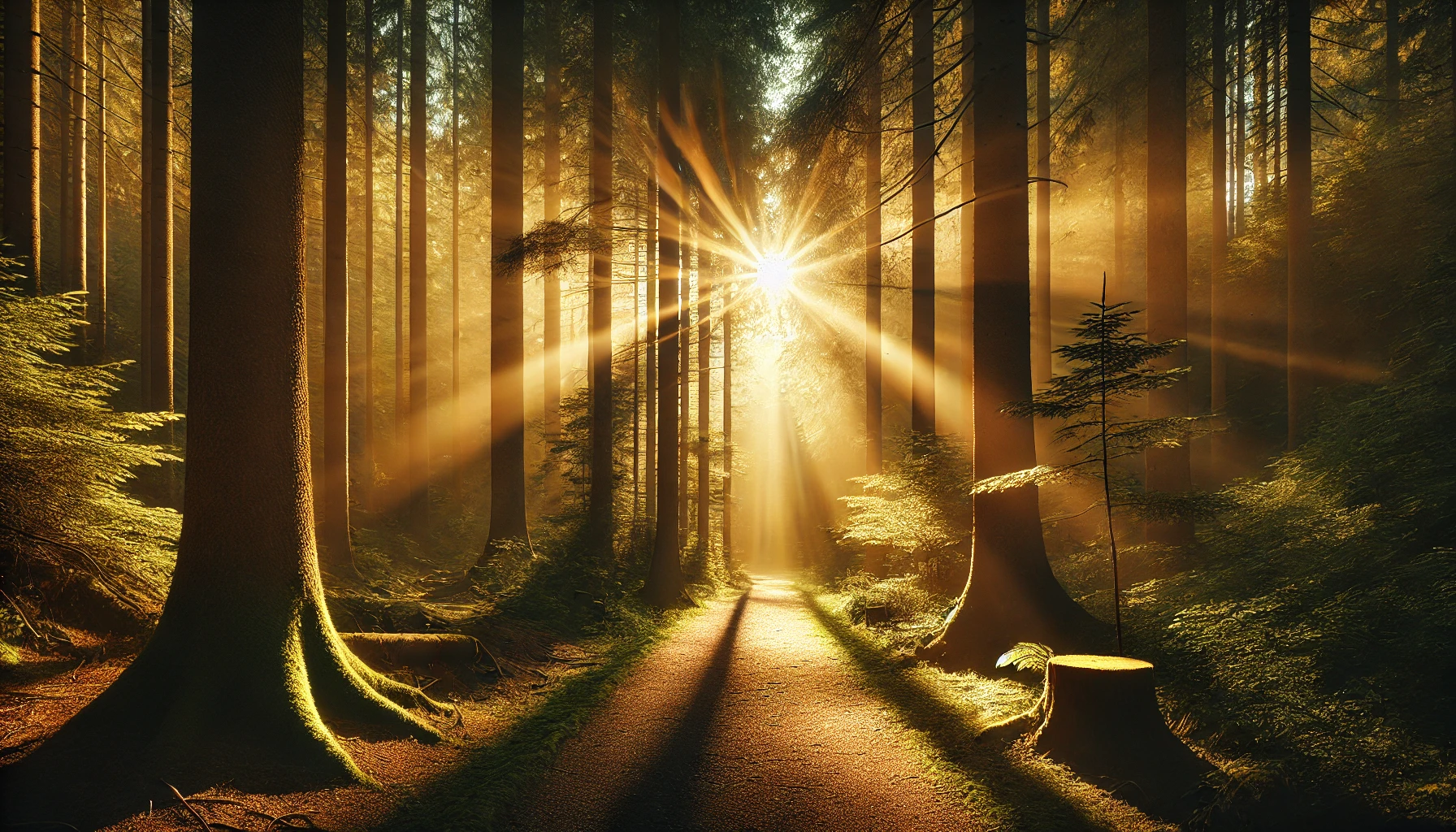 A quiet forest path surrounded by towering trees with sunlight streaming through the canopy.