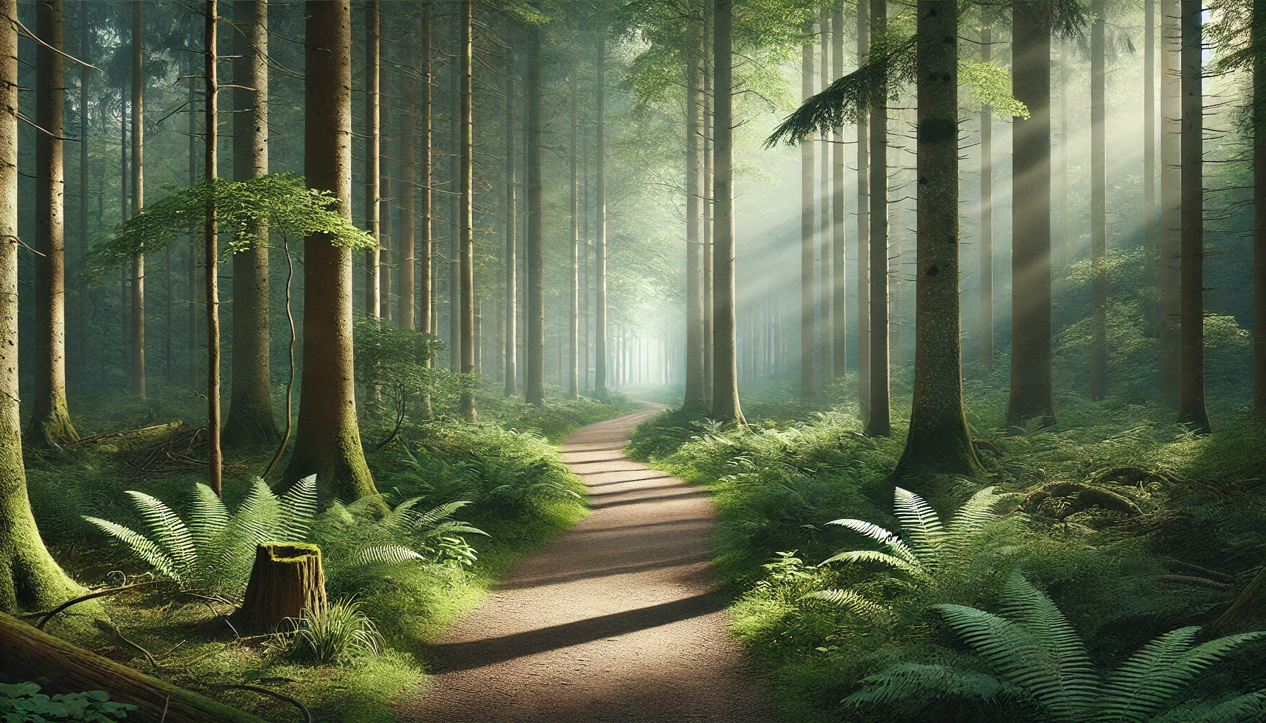 A quiet forest path with dappled sunlight filtering through the tall trees.