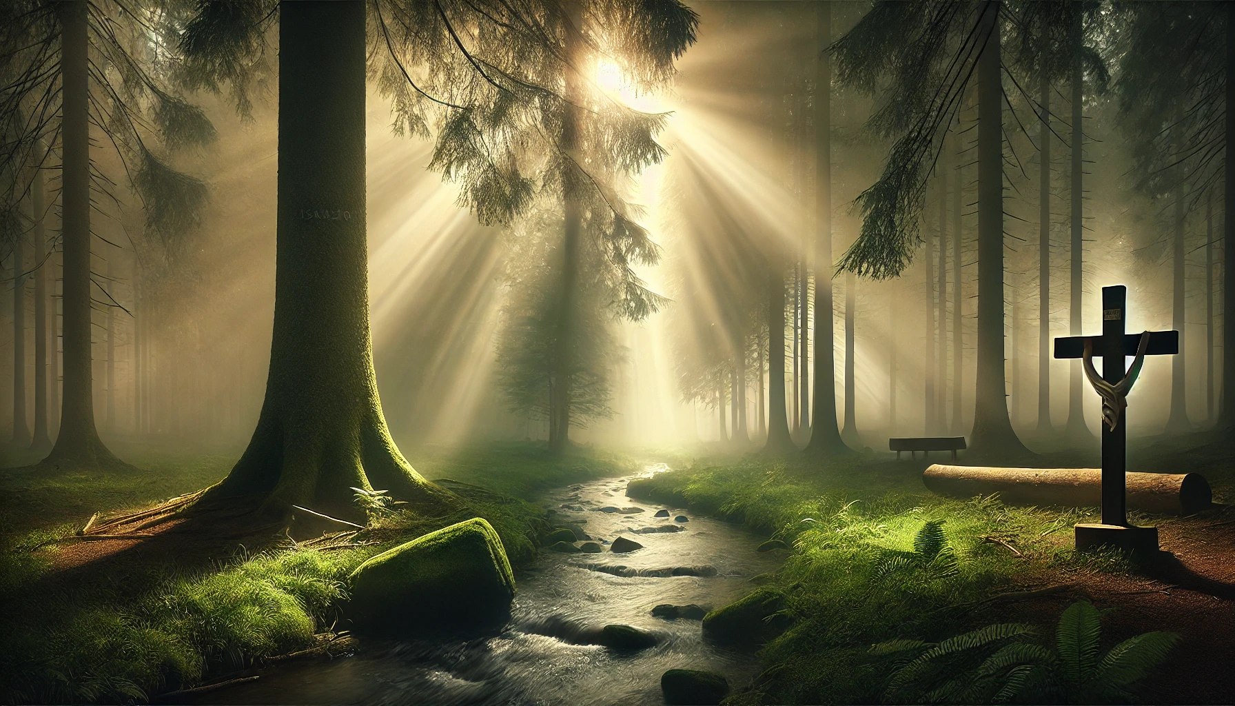 A quiet forest scene with a single tall tree surrounded by mist and soft sunlight.