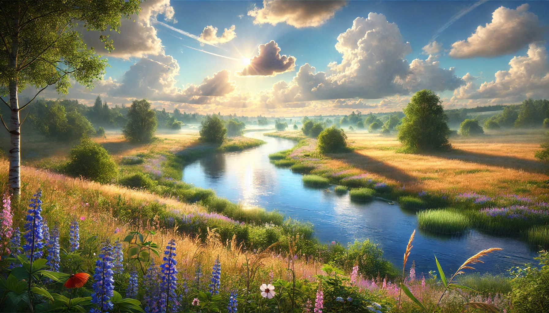 A quiet meadow with a river winding through it under a bright blue sky.